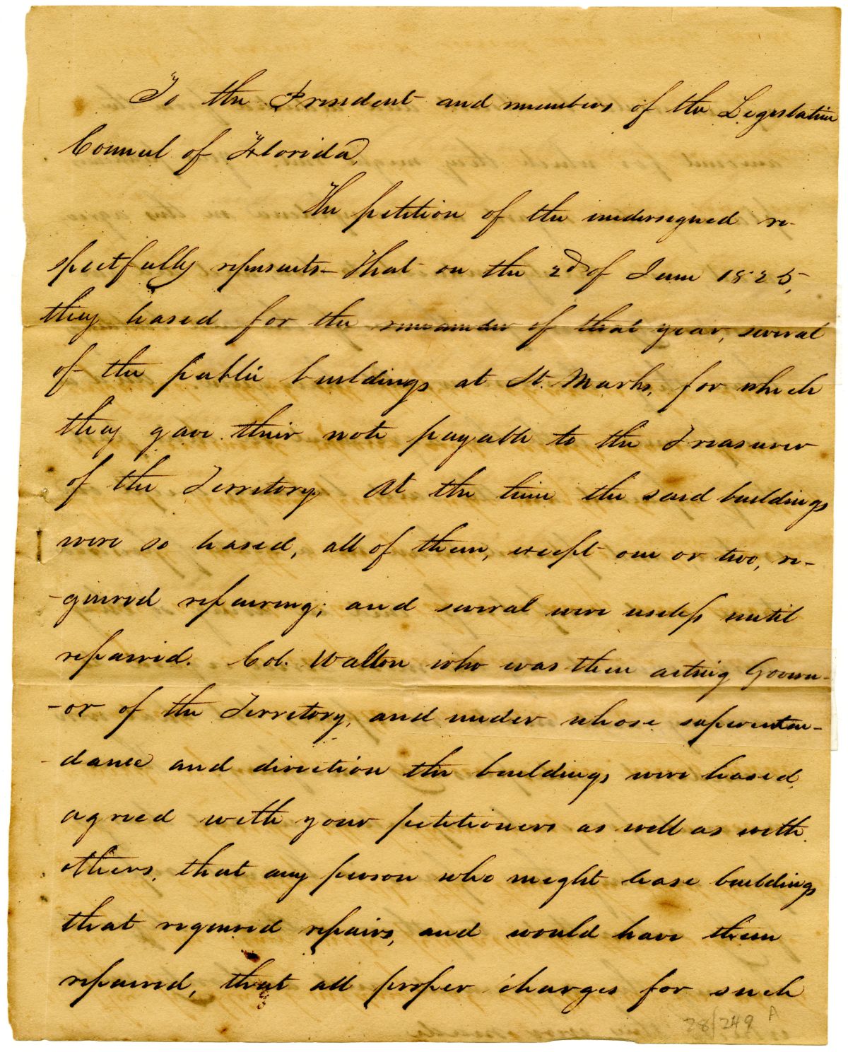 Petition of Thomas M. Bradford to the Territorial Legislative Council Requesting a Partial Refund on Rent Payments, 1827