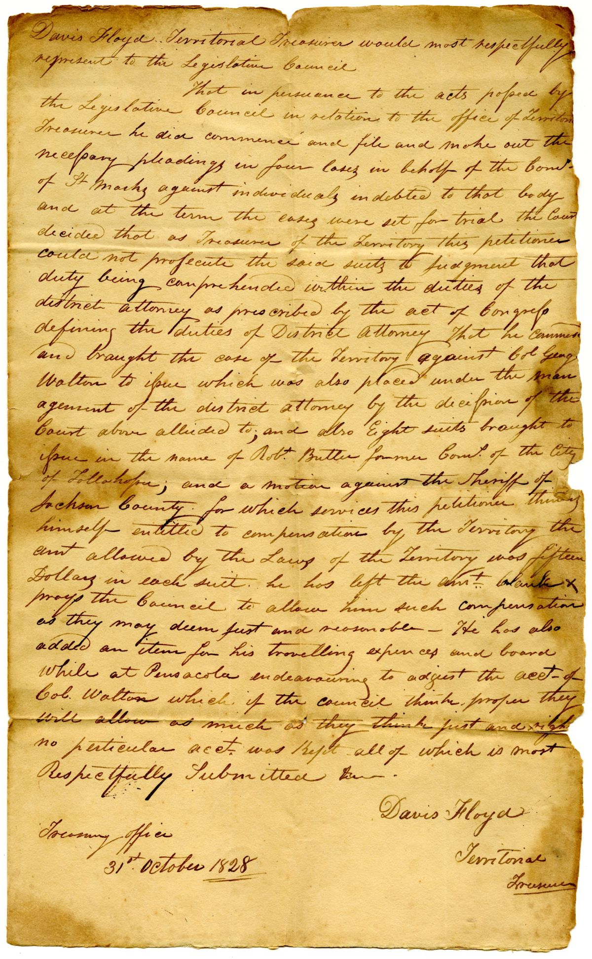 Petition of Territorial Treasurer Davis Floyd Requesting Compensation for Prosecuting Certain Cases, 1828