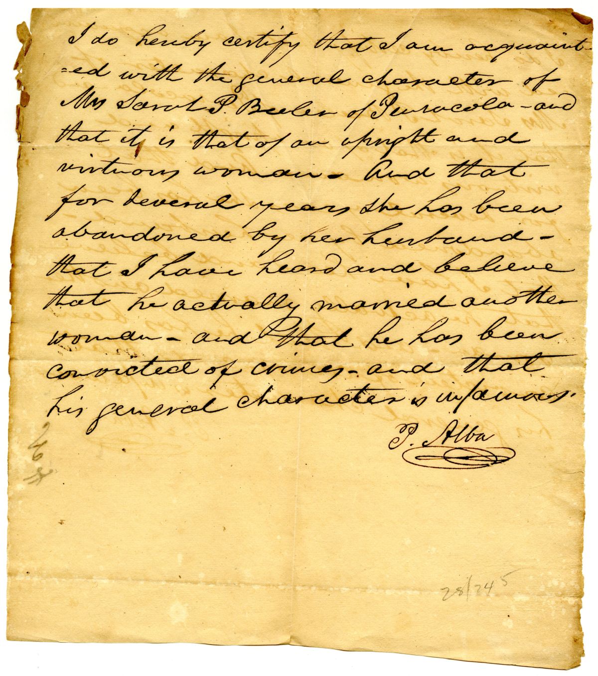 Two Affidavits Attesting to the Good Character of Sarah P. Beeler, 1828