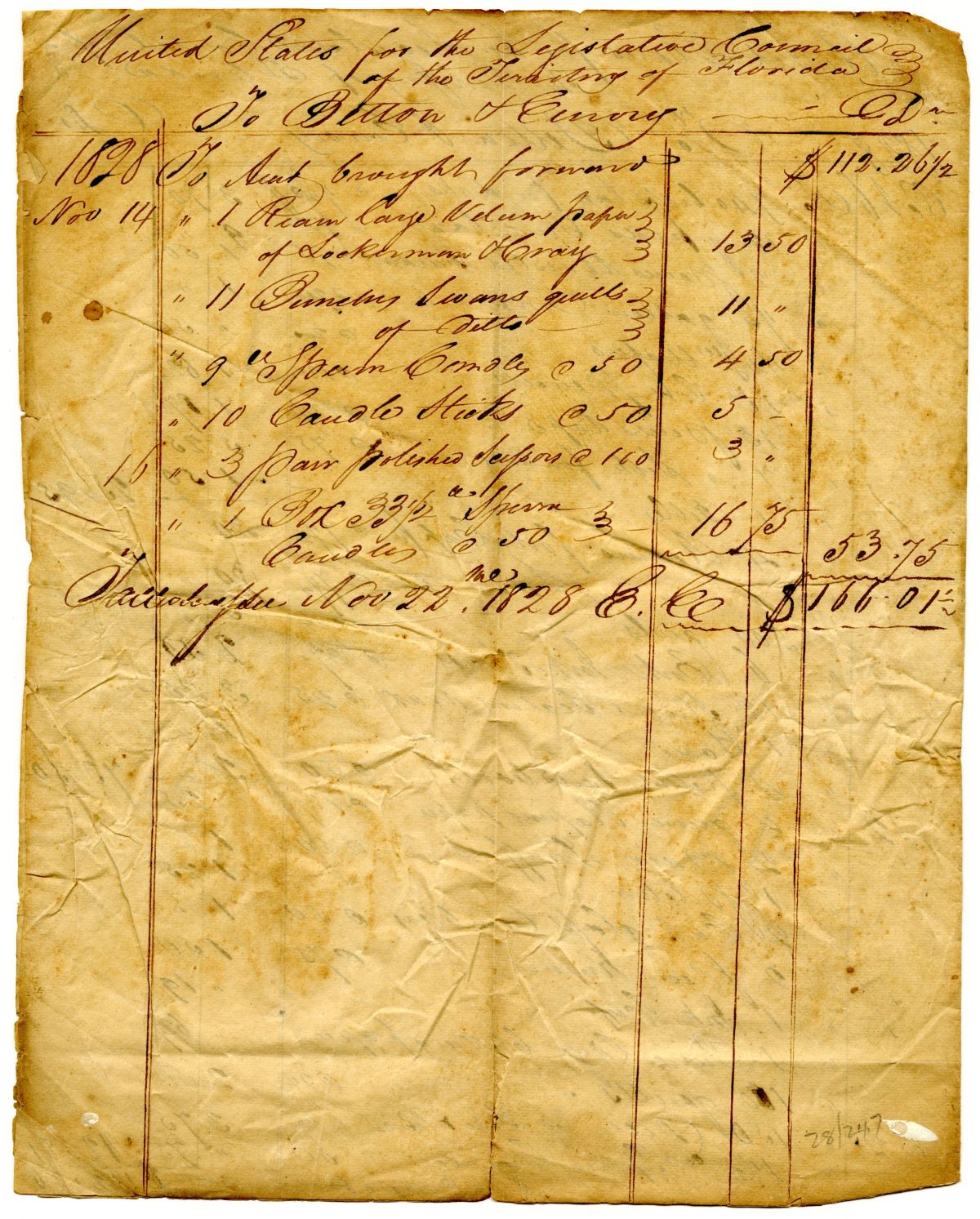 Bill of Supplies for the Florida Territorial Legislative Council, 1828