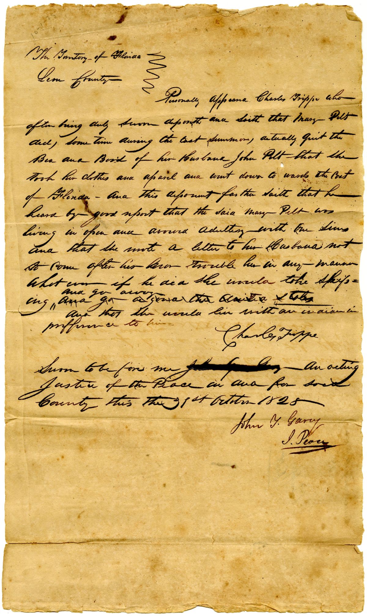 Three Affidavits Alleging an Extramarital Affair Between Mary Pelt and Thomas Sims, 1828