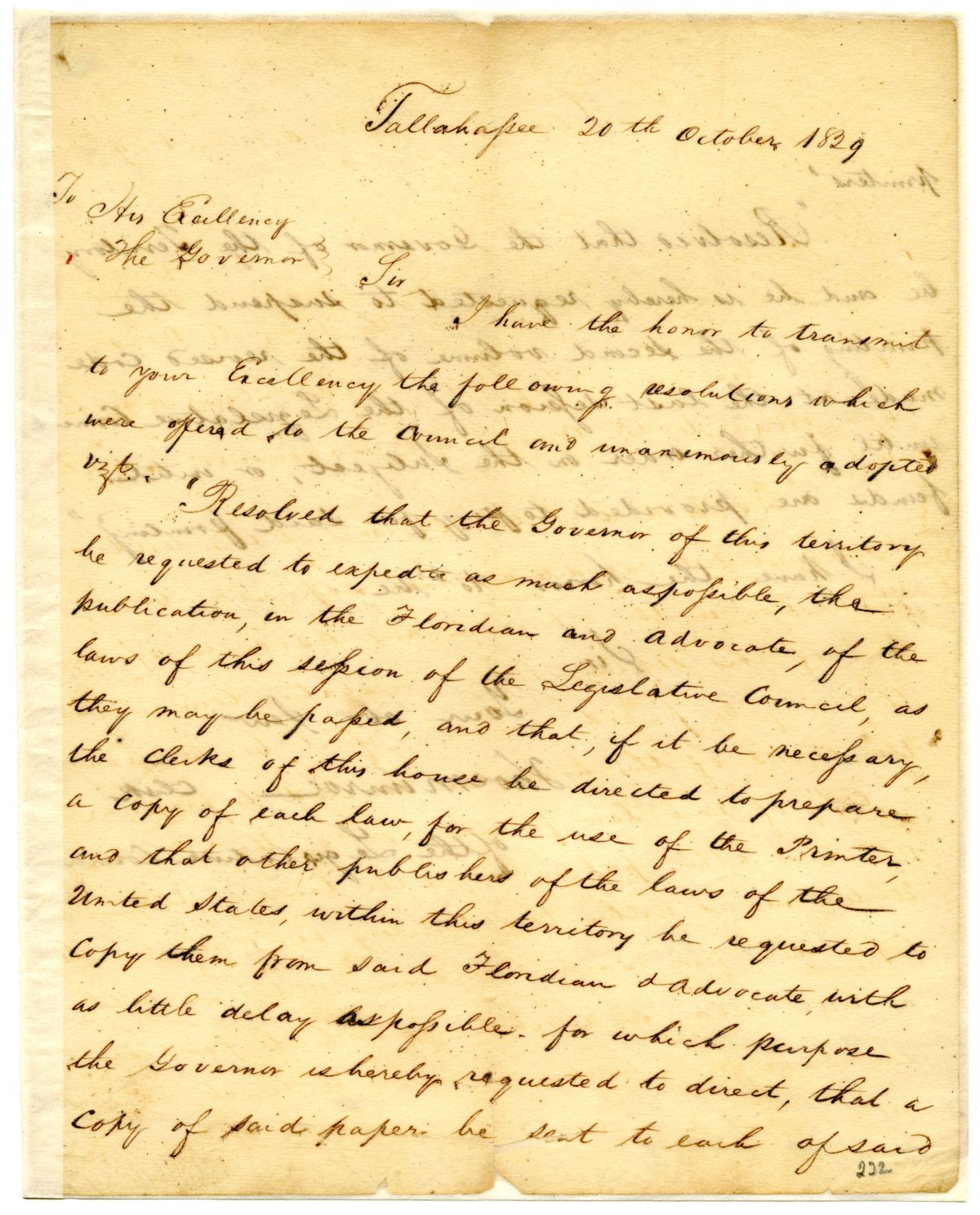 Letter from Thomas Munroe to Governor William Pope Duval Transferring Resolutions Concerning the Printing of Laws, 1829