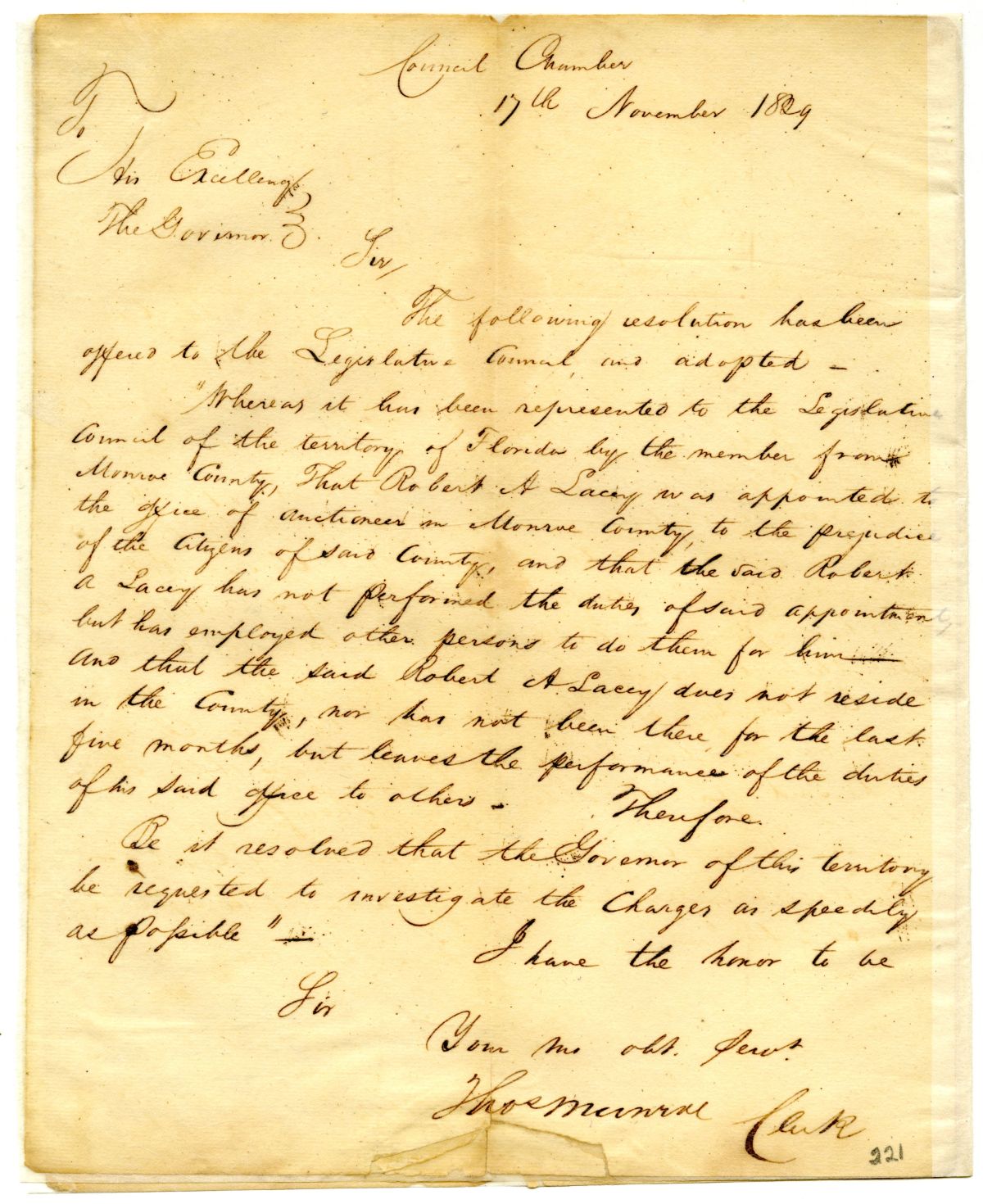 Letter from Thomas Munroe to Governor William Pope Duval Transferring a Resolution Calling for the Investigation of Robert A. Lacey, 1829