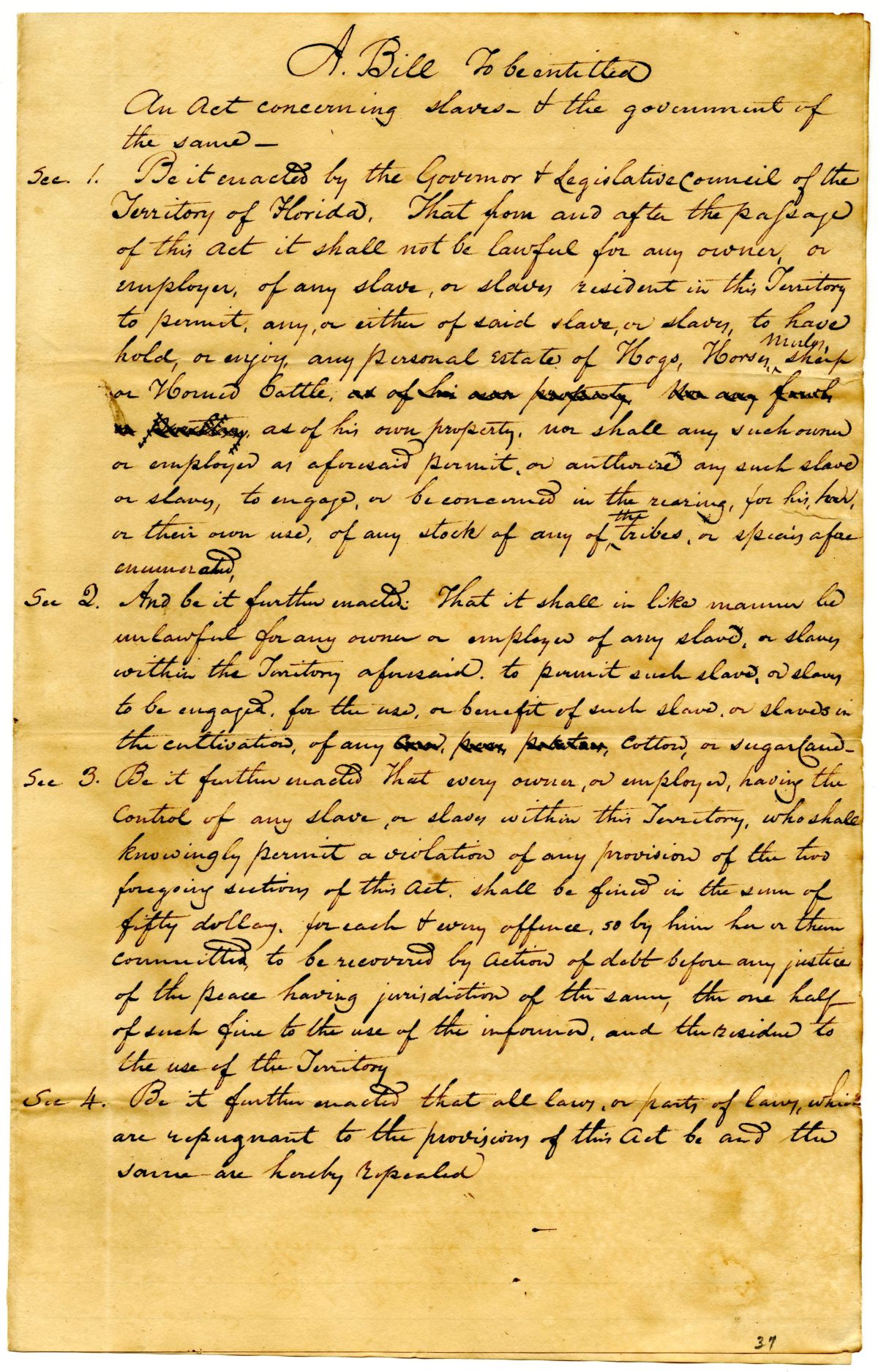 Draft of an Act Making it Illegal for Enslaved Persons to Own Livestock or Cultivate Certain Crops, circa 1831