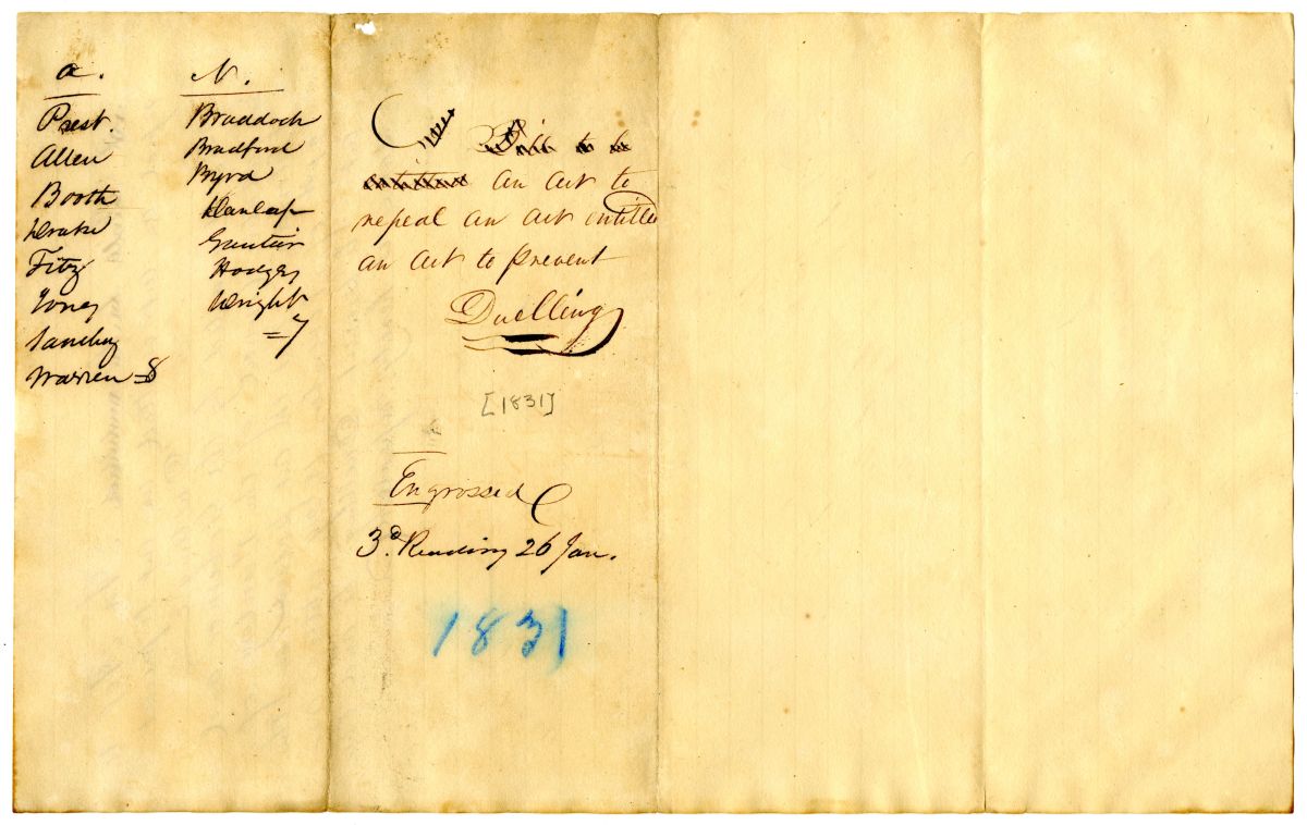 Draft of an Act Repealing an Act that Made Dueling Illegal, 1832