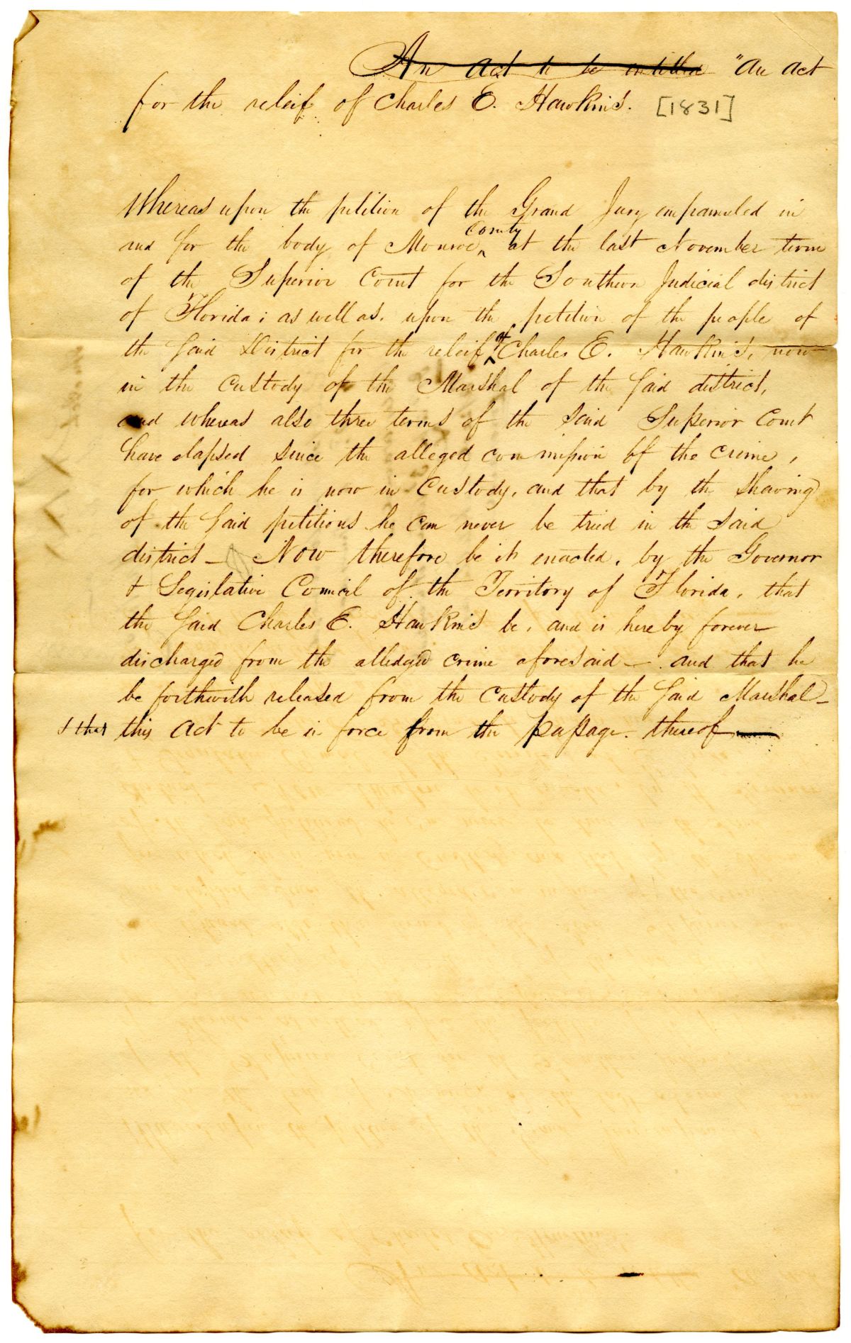 Draft of an Act Discharging Charles E. Hawkins and Releasing Him from Custody, 1831