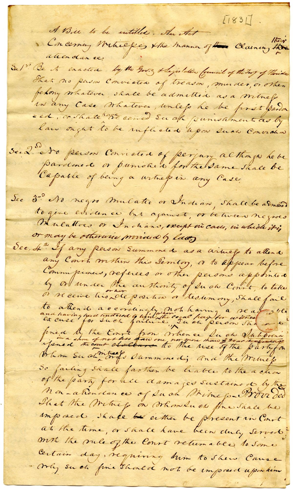 Draft of an Act Concerning Witnesses and the Manner of Claiming Their Attendance, circa 1830