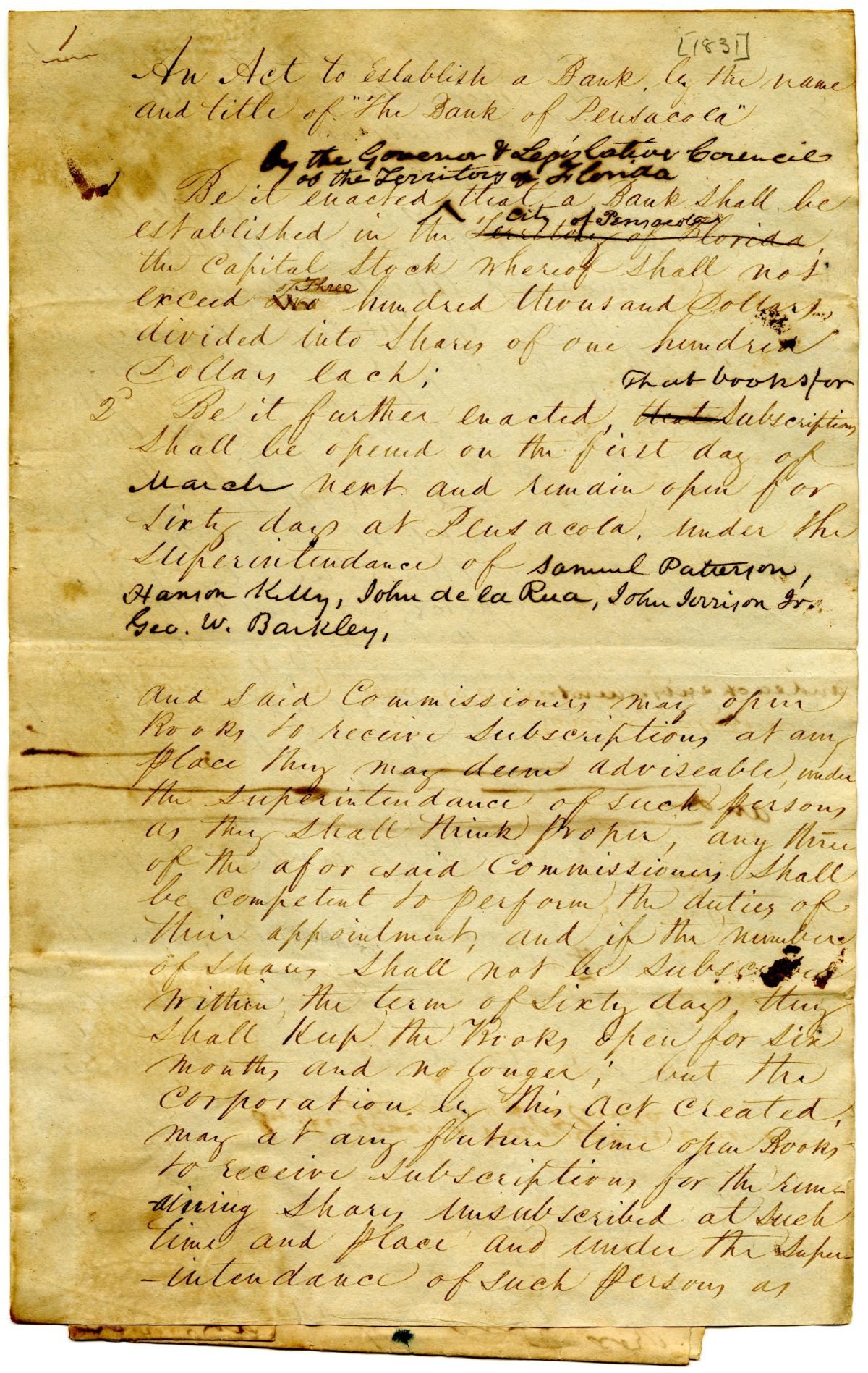 Draft of an Act to Establish a Bank in the City of Pensacola, 1831