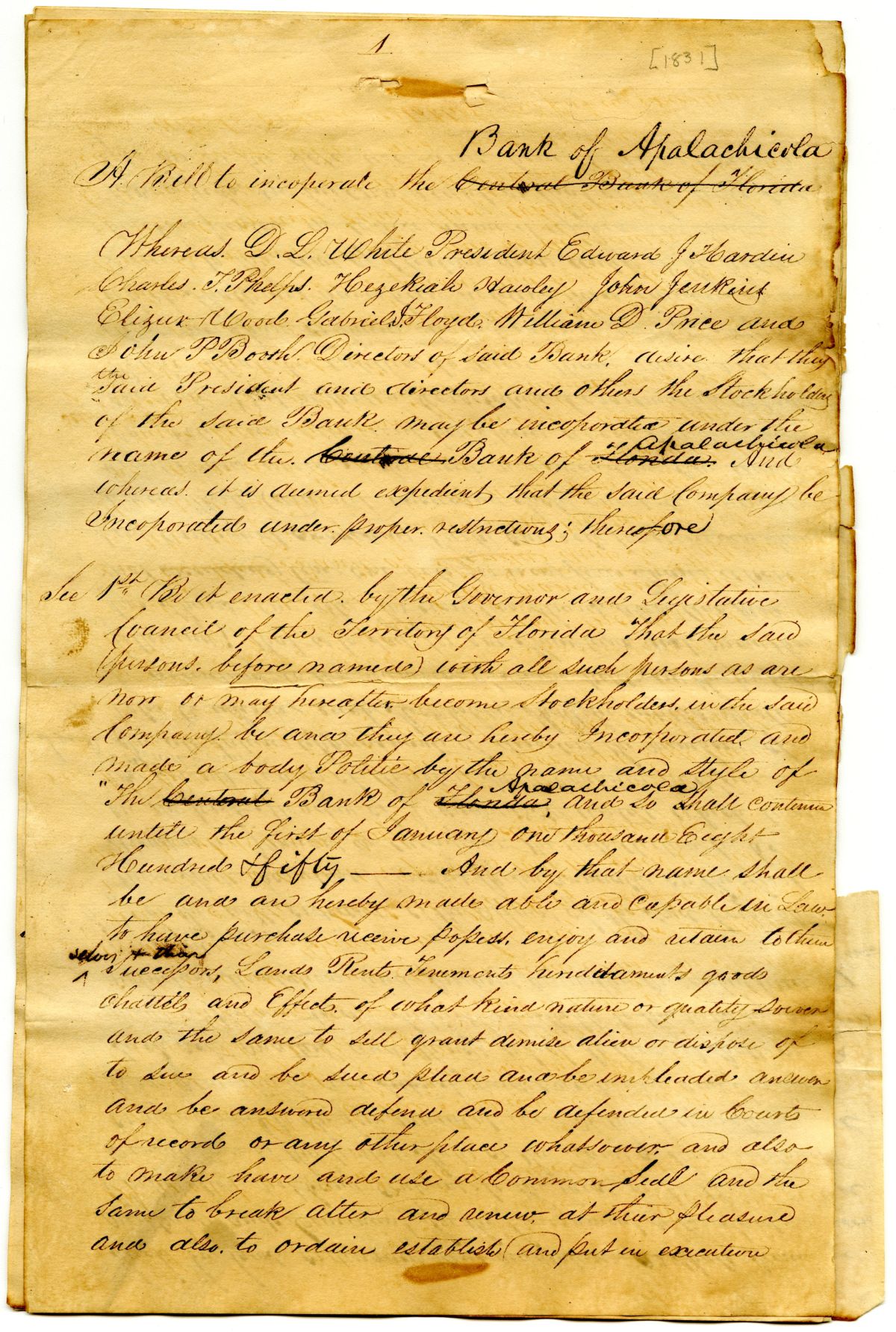 Draft of an Act to Incorporate the Bank of Apalachicola, circa 1831