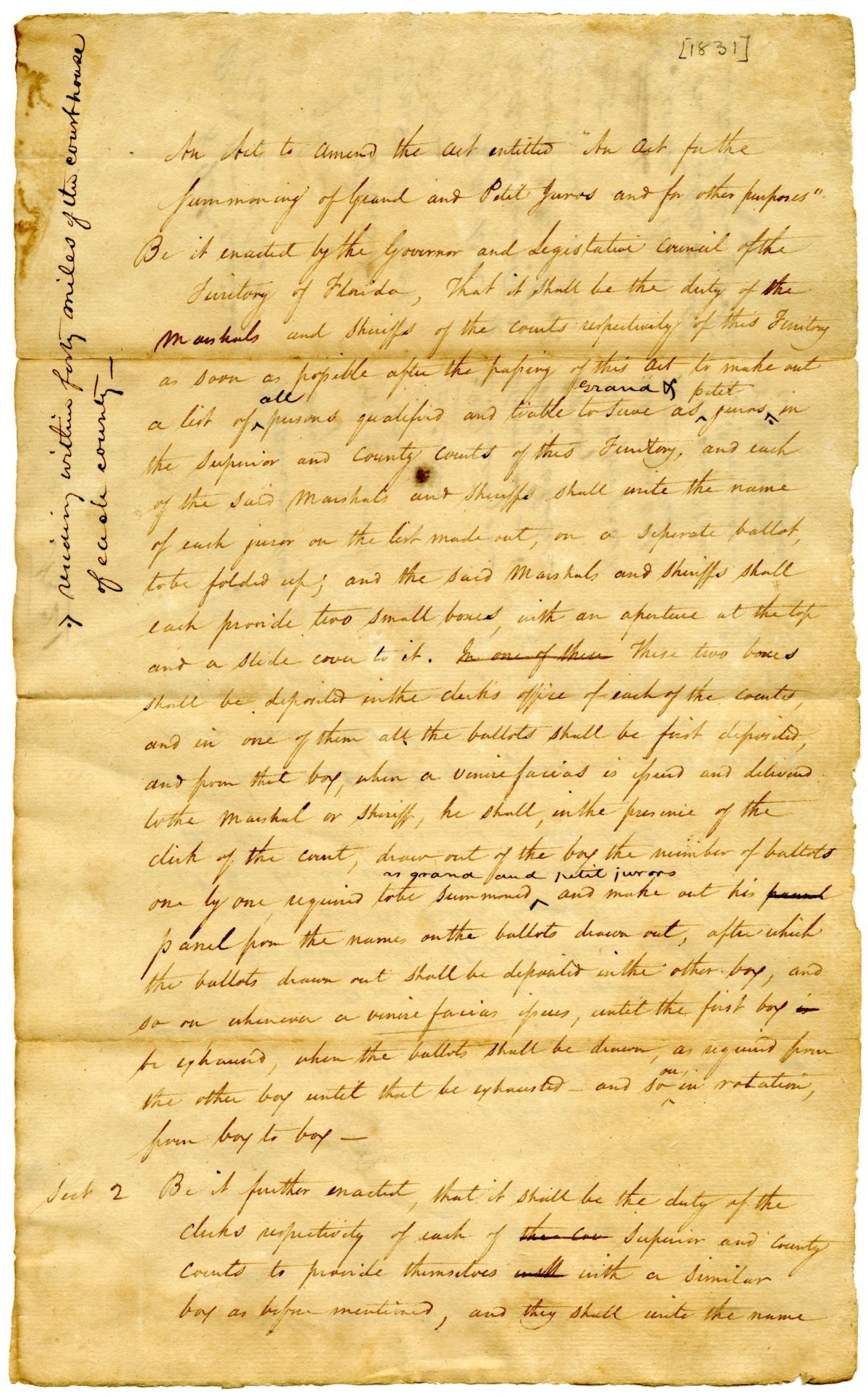 Draft of an Act to Amend an Act for the Summoning of Grand and Petit Jurors, 1831