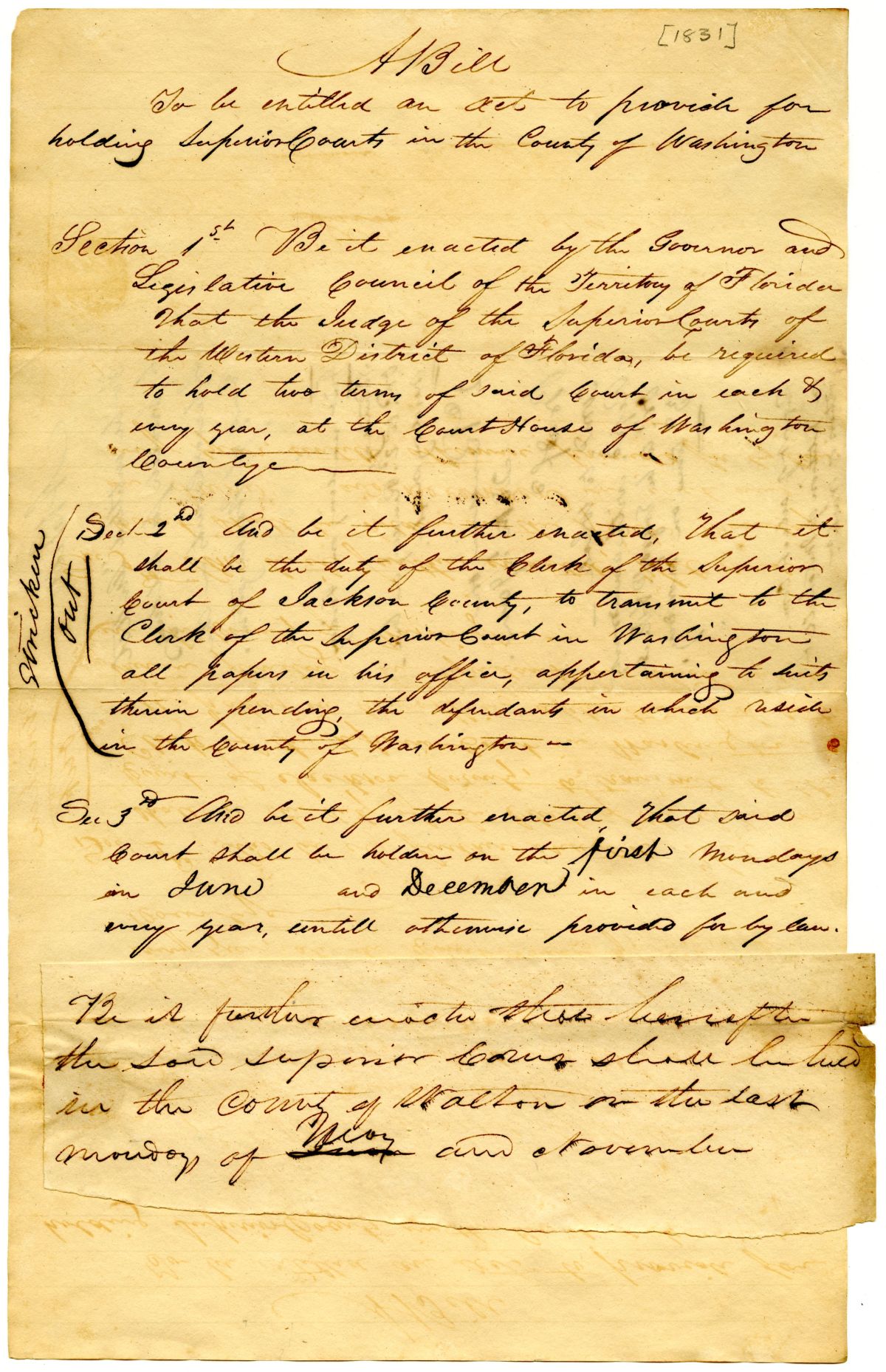 Draft of an Act to Provide for Holding Superior Courts in the County of Washington, 1831