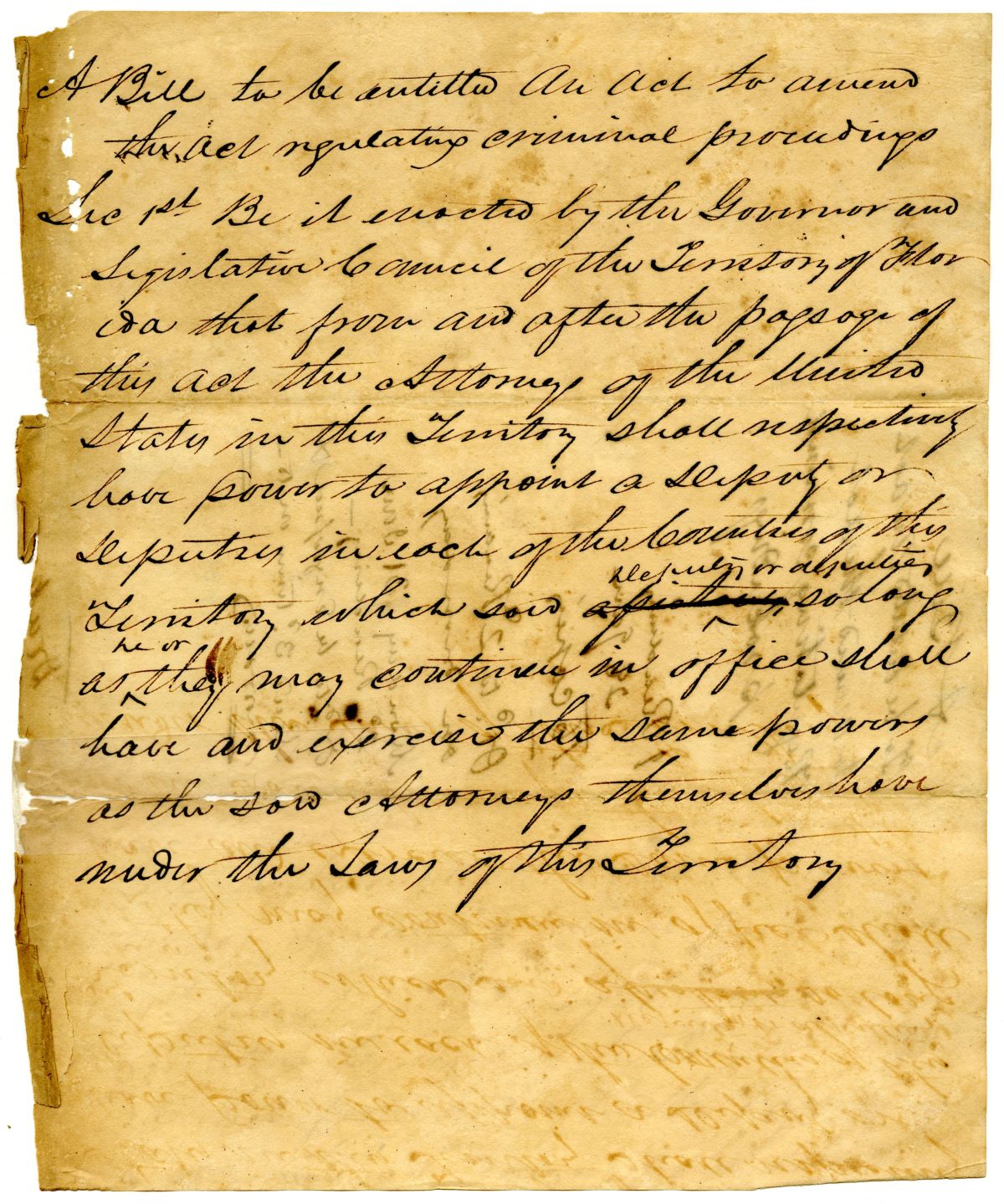 Draft of an Act to Allow United States Attorneys in the Florida Territory to Appoint Deputies, 1831