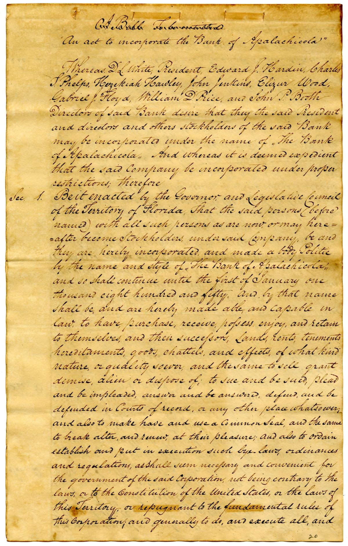 Draft of an Act to Incorporate the Bank of Apalachicola, 1831