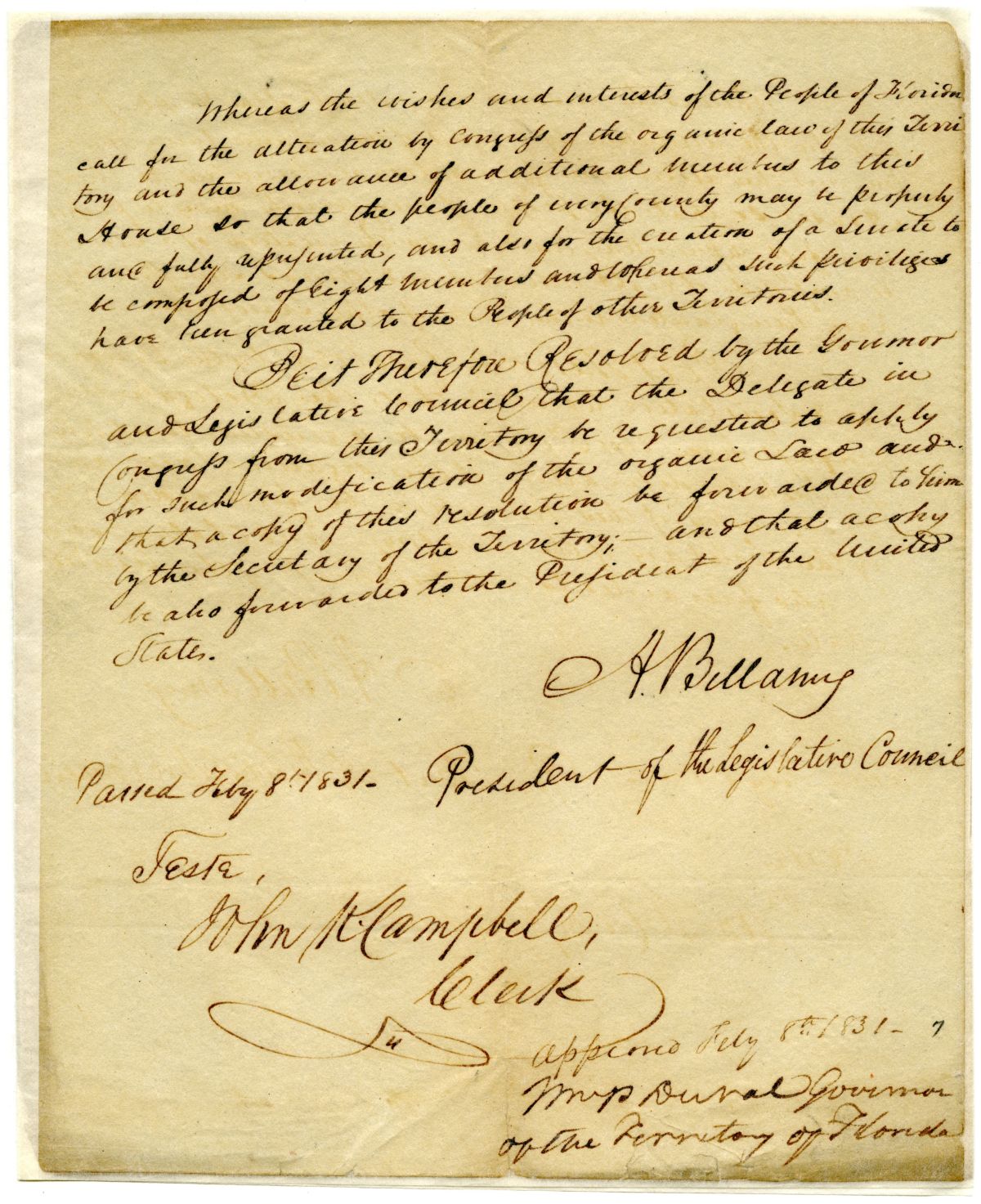 Resolution Instructing the Florida Delegate in Congress to Lobby for an Alteration of the Organic Law of the Territory, 1831