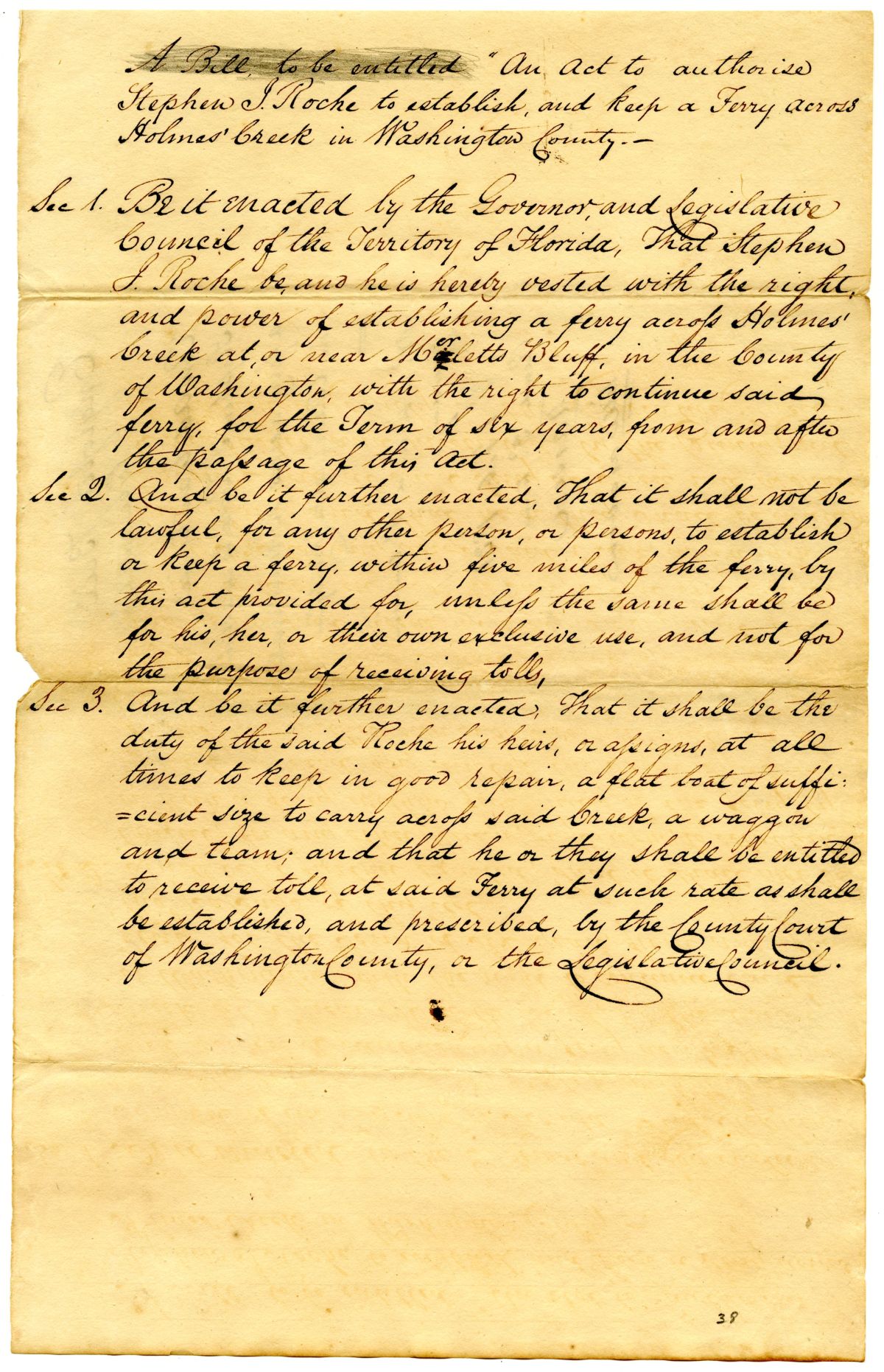 Draft of an Act to Allow Stephen J. Roche to Build a Ferry Across Holmes Creek, 1831