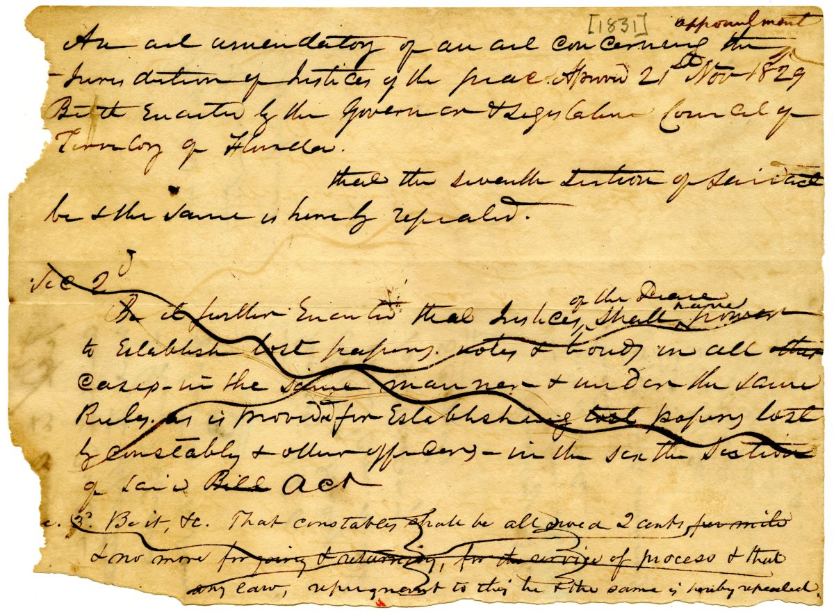 Draft of an Act to Repeal a Section of an Act Concerning Justices of the Peace, circa 1831