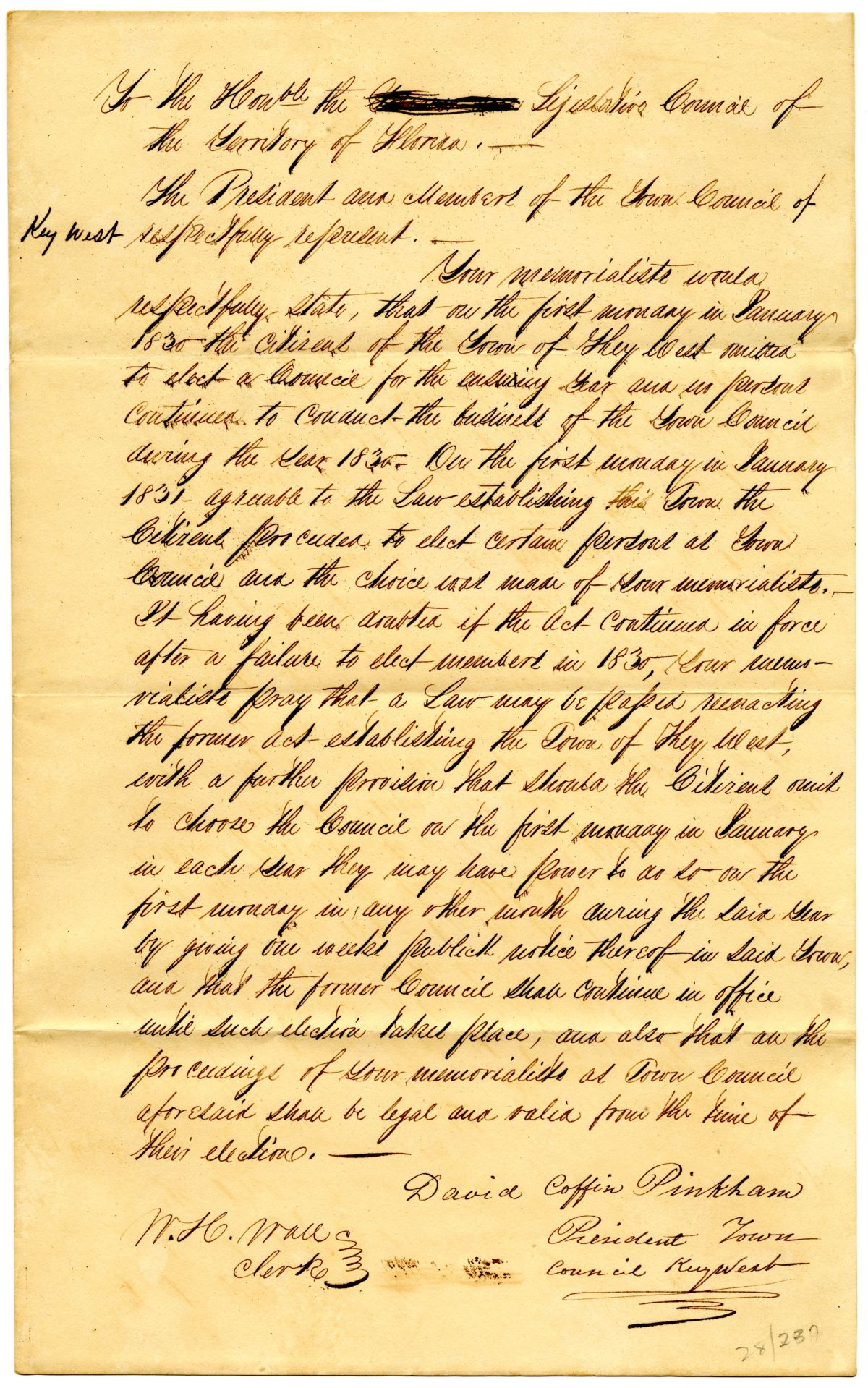 Petition of the Town Council of Key West Requesting that the Territorial Legislative Council Reenact Their Town Charter, 1831