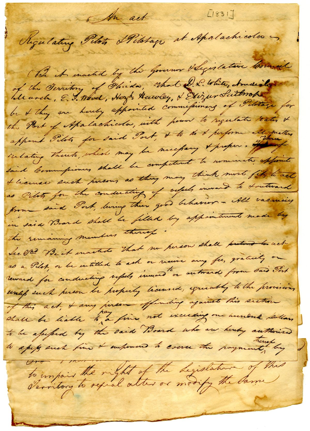 Draft of an Act Regulating Pilots and Pilotage at Apalachicola, 1831