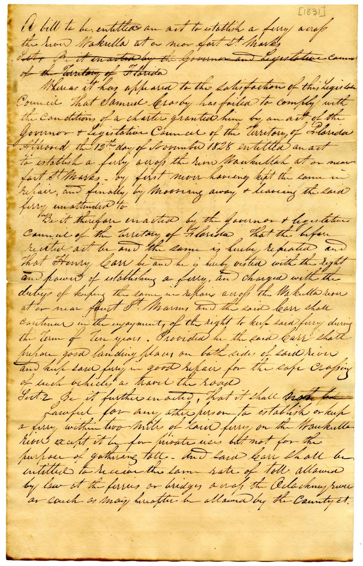 Draft of an Act to Establish a Ferry Across the Wakulla River at or near Saint Marks, 1831