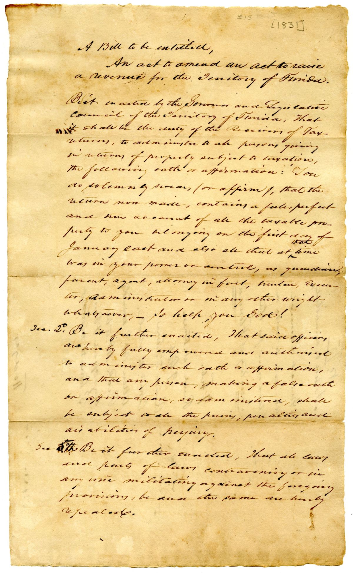 Draft of an Act to Amend an Act to Raise Revenue in the Territory of Florida, circa 1831