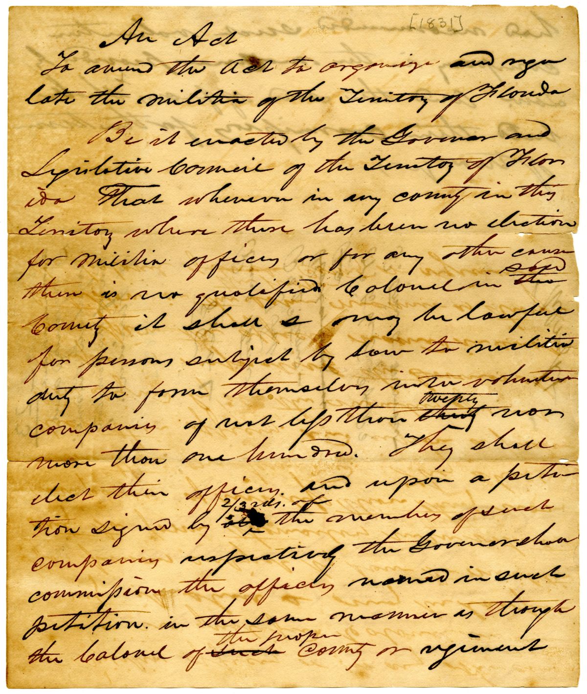 Draft of an Act to Amend an Act to Organize and Regulate the Militia of the Florida Territory, 1831