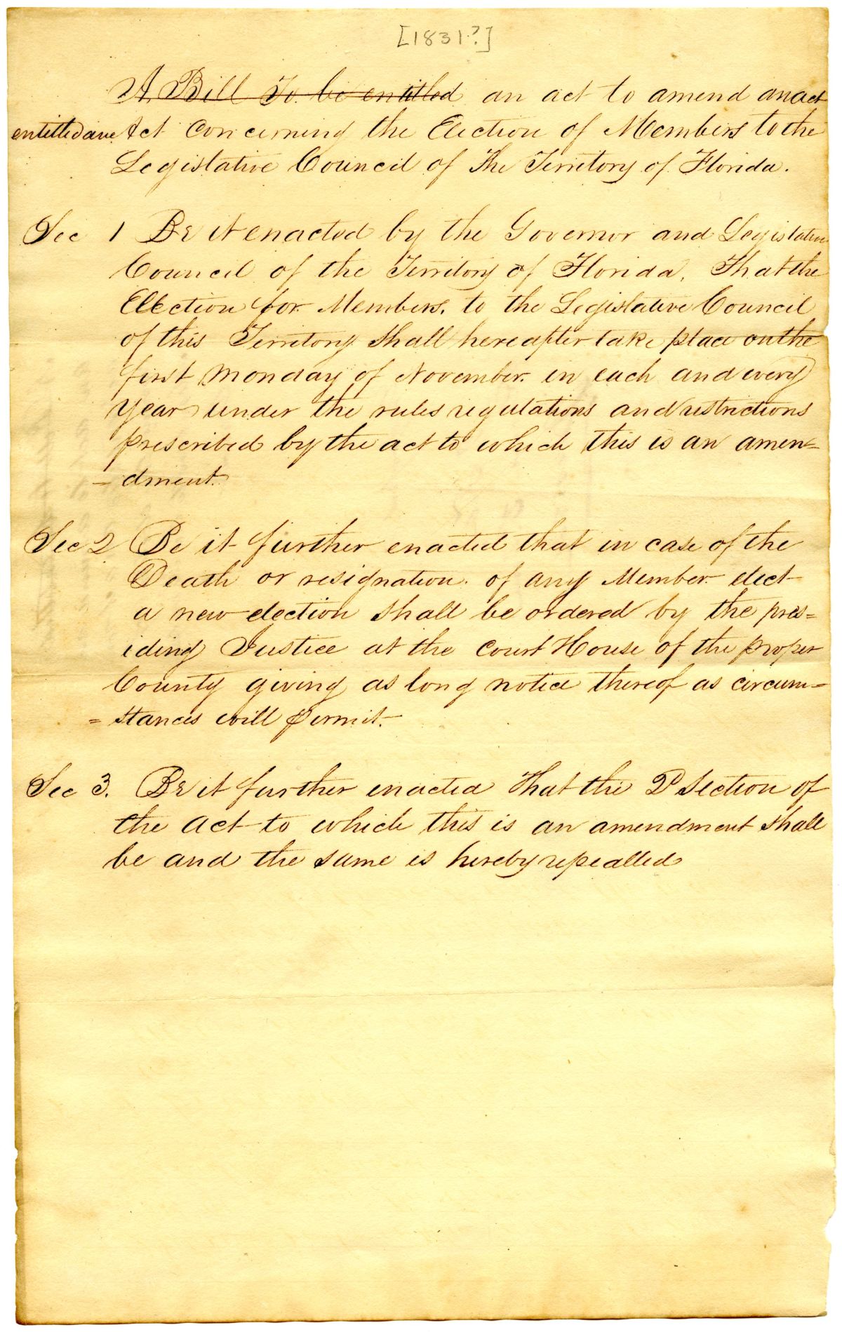 Draft of an Act to Amend an Act Concerning the Election of Members of the Territorial Legislative Council, 1831