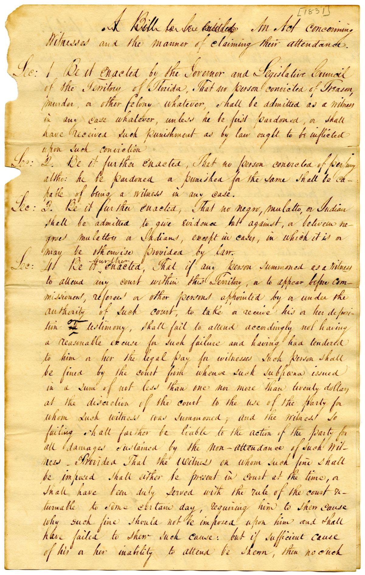 Draft of an Act Concerning Witnesses and the Manner of Claiming Their Attendance, circa 1830