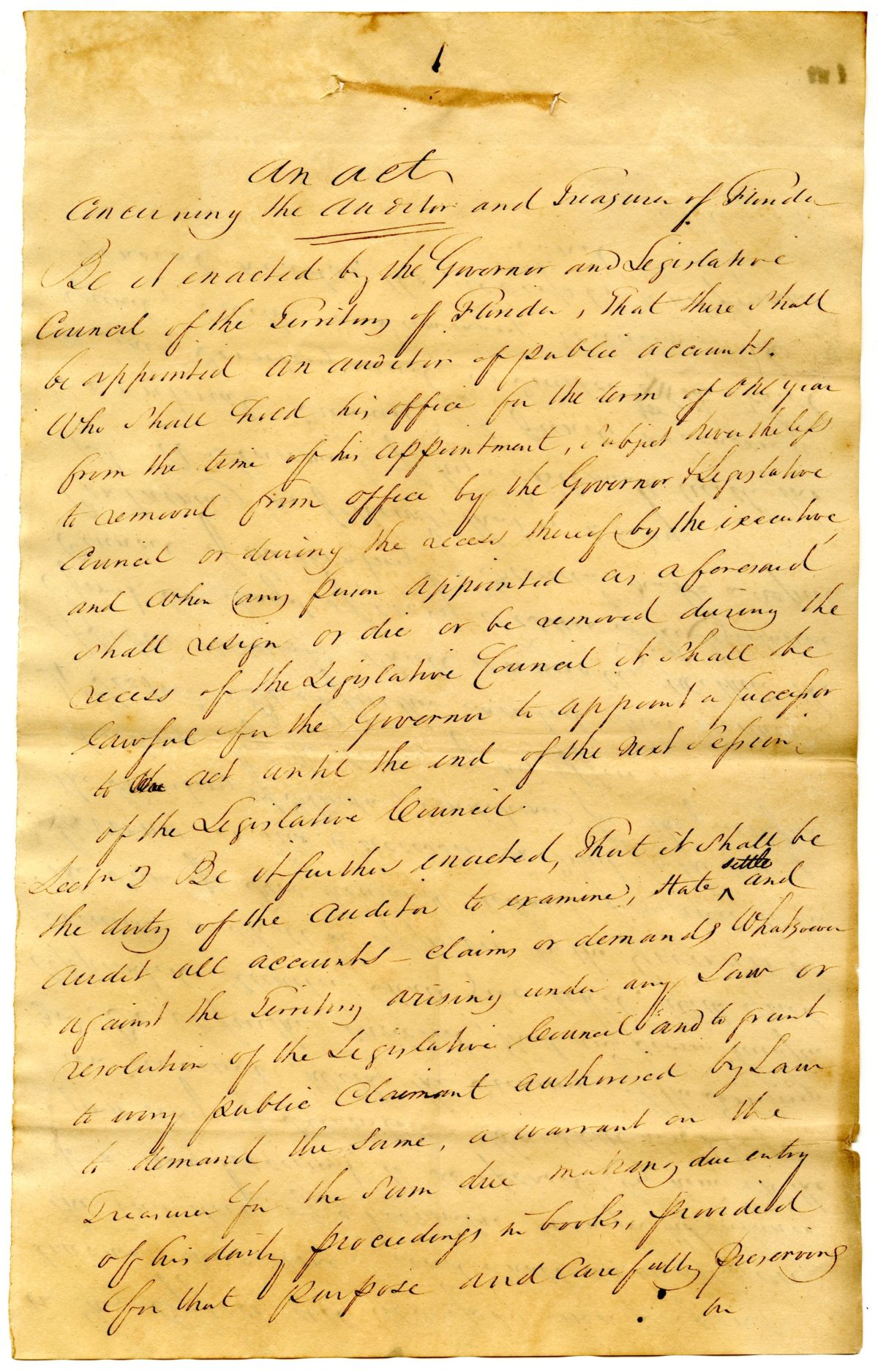 Draft of an Act Concerning the Auditor and Treasurer of Florida, 1831