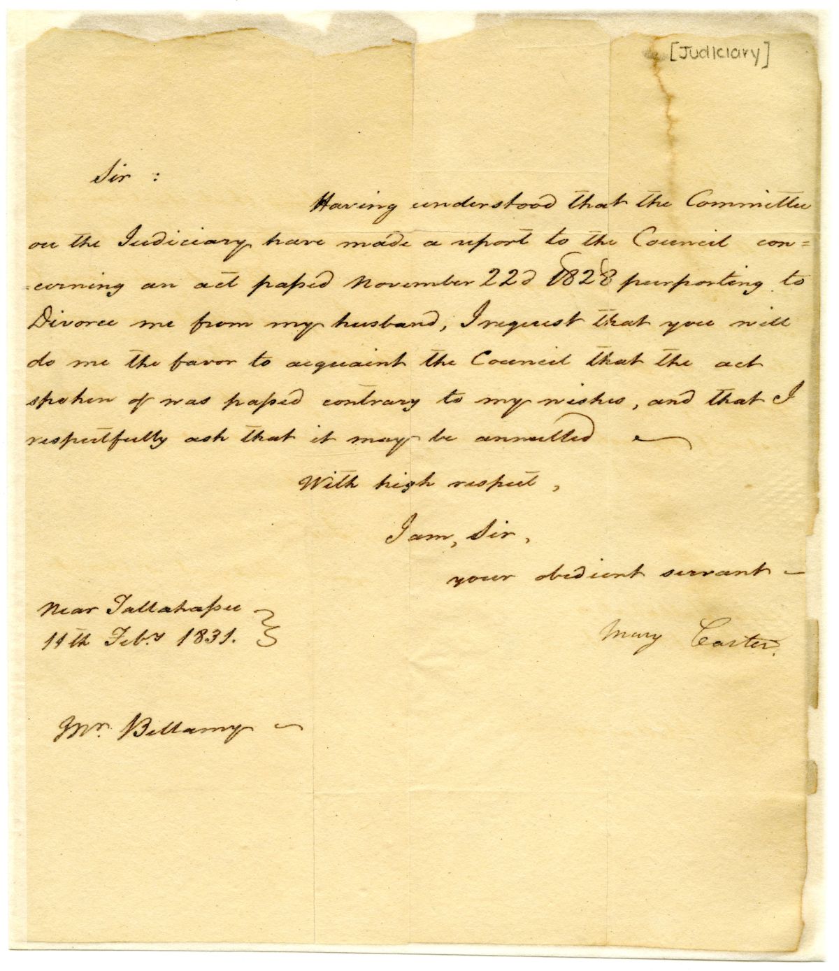 Letter from Mary Carter to the President of the Territorial Legislative Council Requesting that an Act to Divorce Her Be Repealed, 1831