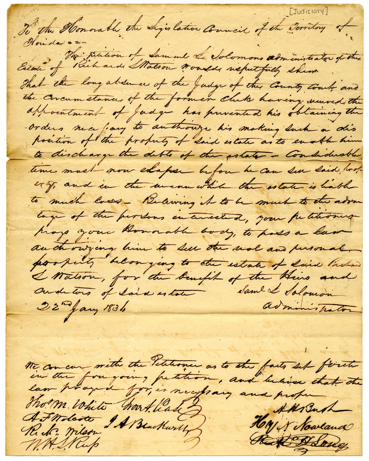 Petition of Samuel L. Solomon Asking Authorization to Dispose of the Estate of Richard L. Watson, 1836