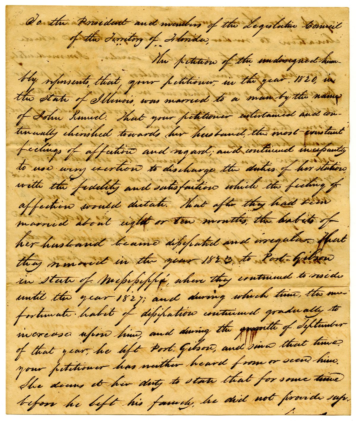 Divorce Petition of Lorena Romall with Supporting Affidavit, 1831