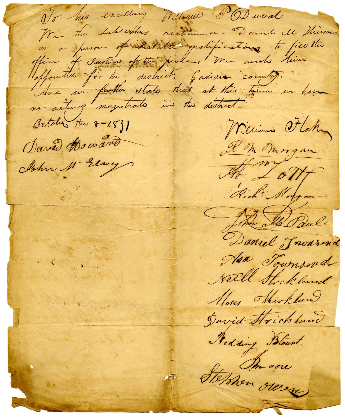 Petition to Appoint Daniel Murphy Hinson as Justice of the Peace of Gadsden County, 1831