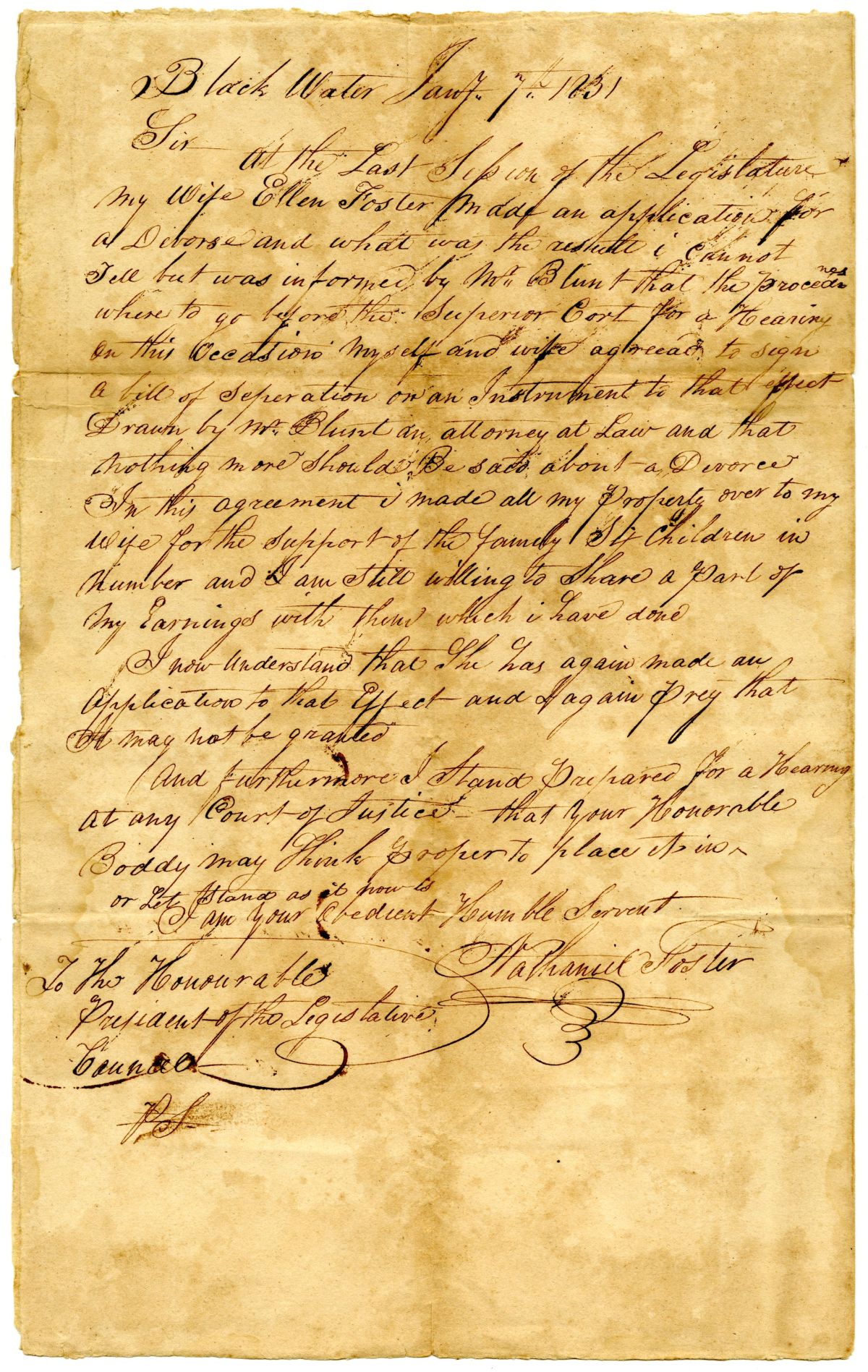 Letter from Nathaniel Foster to the President of the Territorial Legislative Council Respecting His Wife's Application for Divorce, 1831