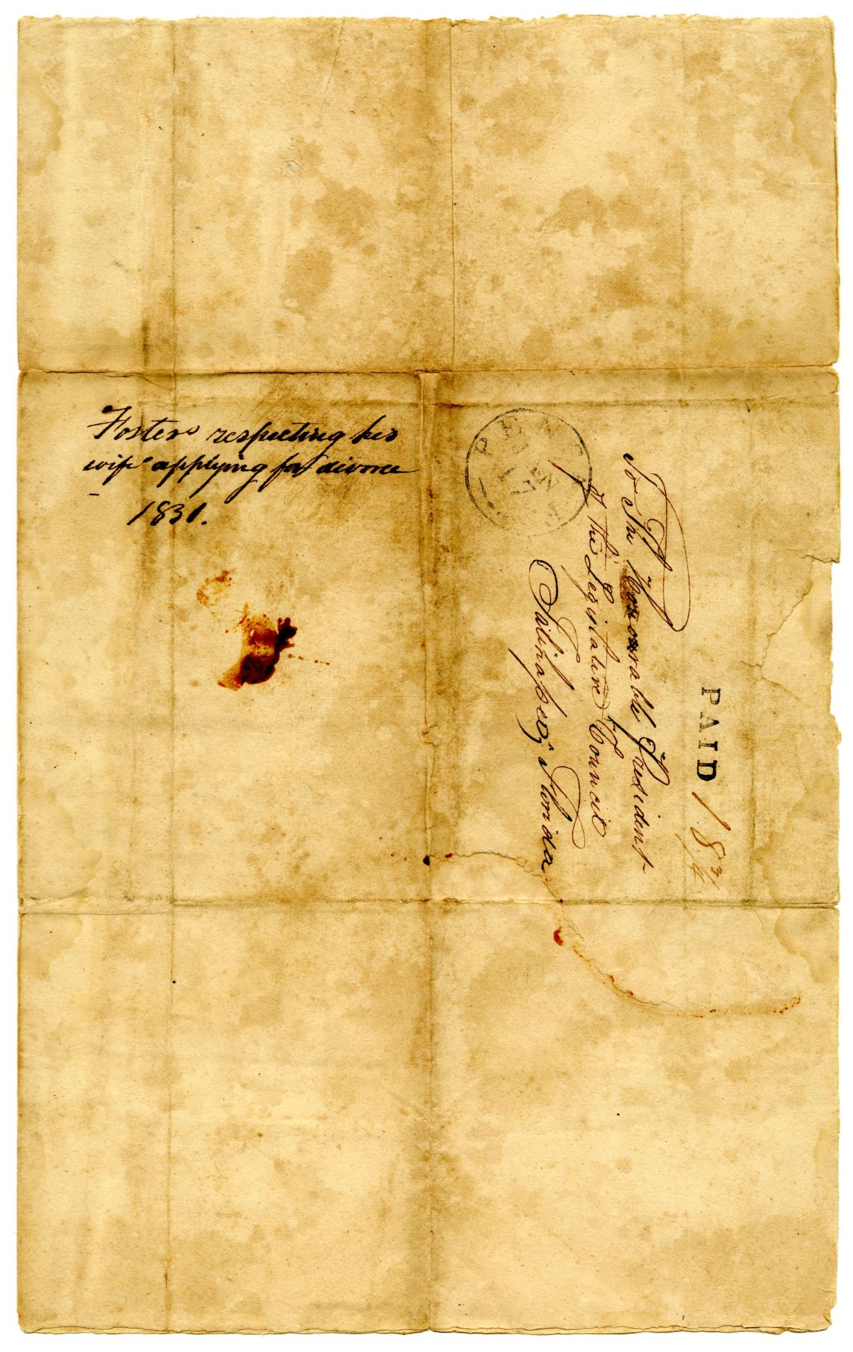 Letter from Nathaniel Foster to the President of the Territorial Legislative Council Respecting His Wife's Application for Divorce, 1831