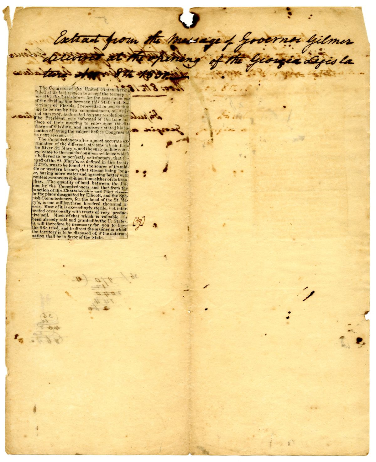 Extract from the Message of Georgia Governor Gilmer Concerning the Border Between Georgia and Florida, 1831