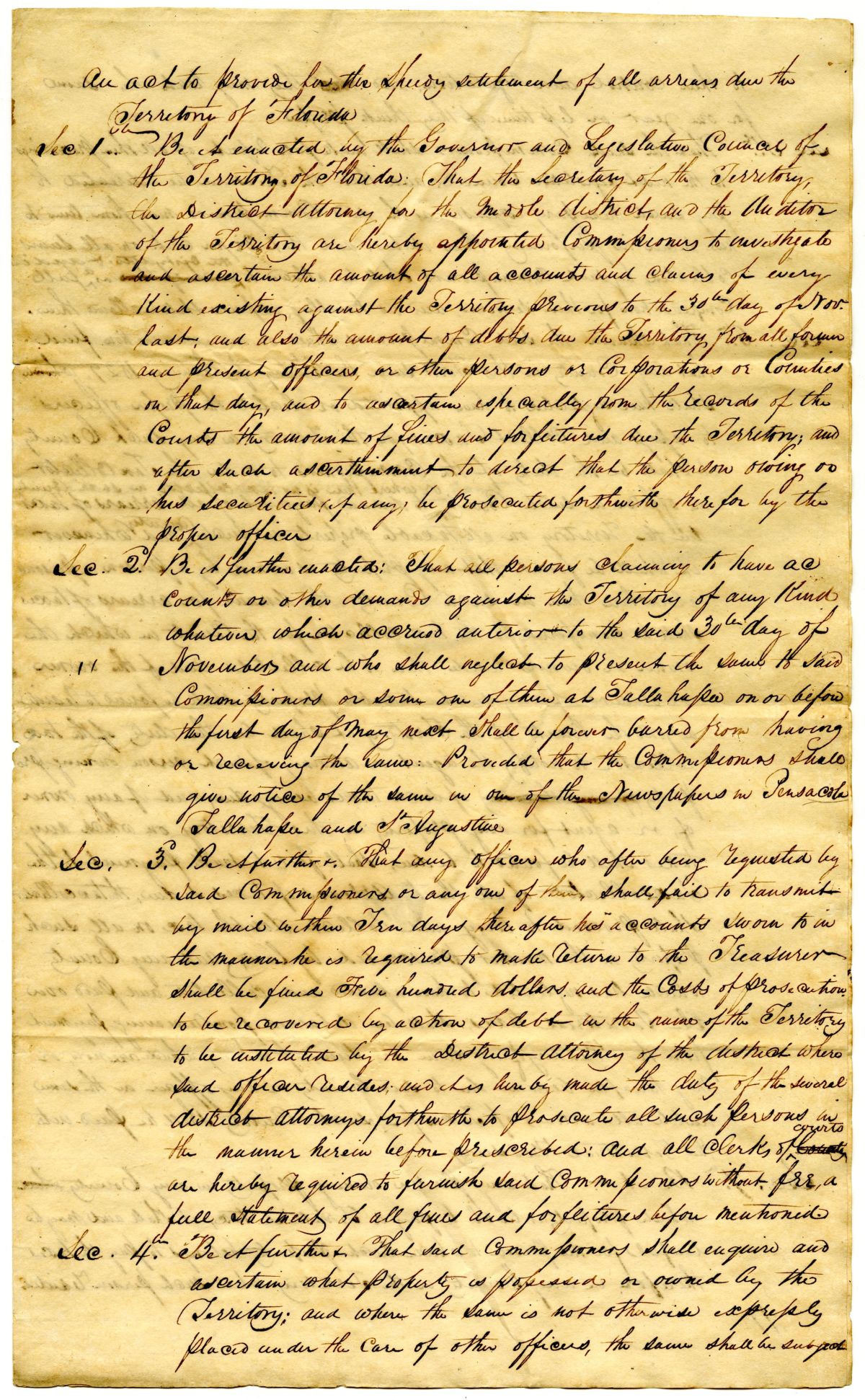 Draft of an Act to Provide for the Settlement of Arrears Due to the Territory of Florida, 1832