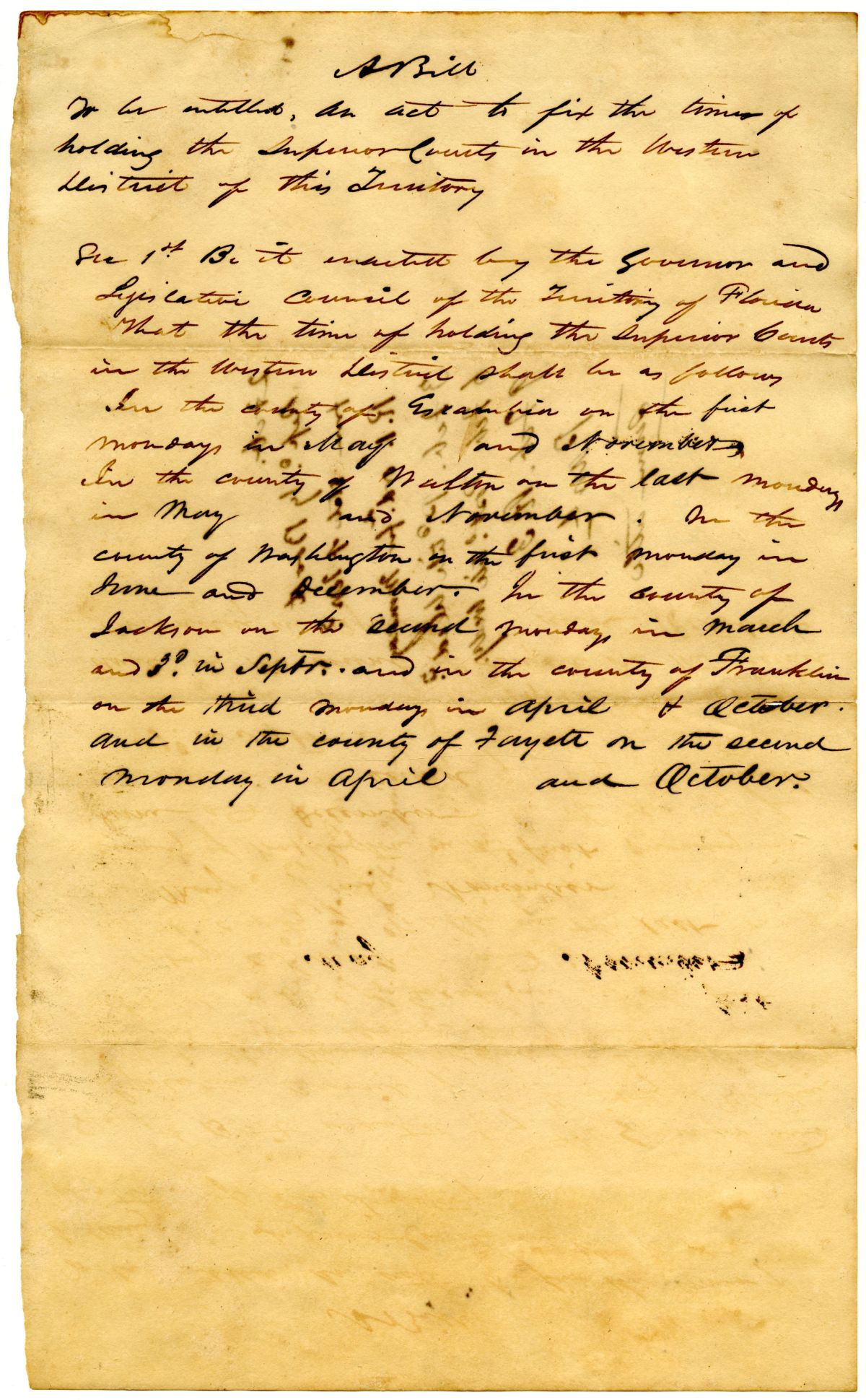 Draft of an Act to Fix the Times of Holding the Superior Courts in the Western District of the Florida Territory, circa 1832