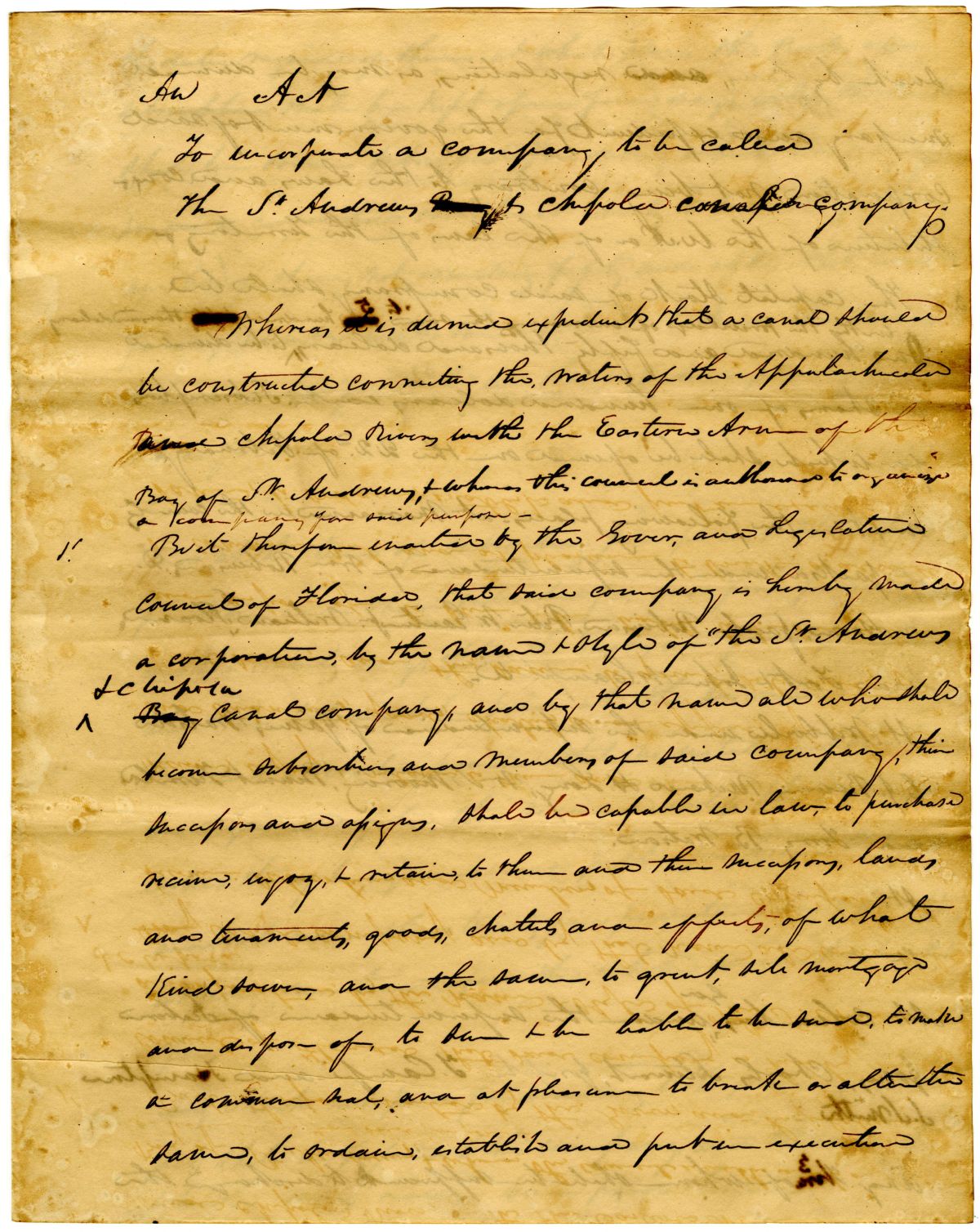 Draft of an Act to Incorporate the Saint Andrews and Chipola Canal Company, 1832