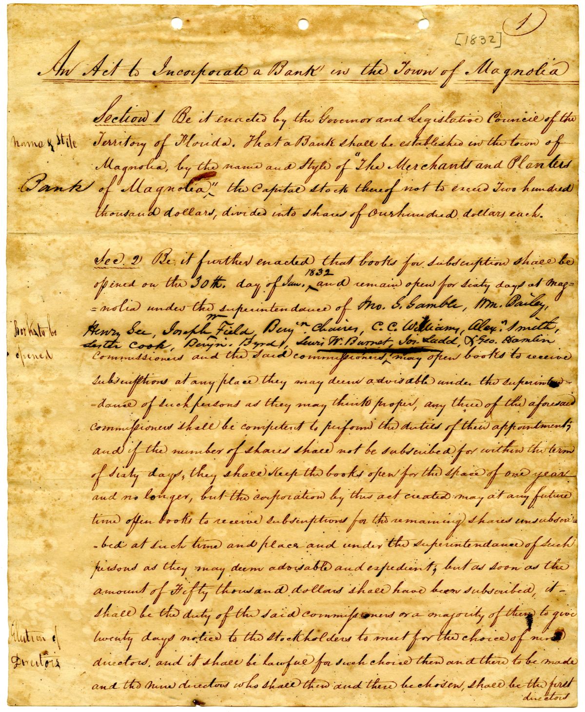 Draft of an Act to Incorporate a Bank in the Town of Magnolia, 1832