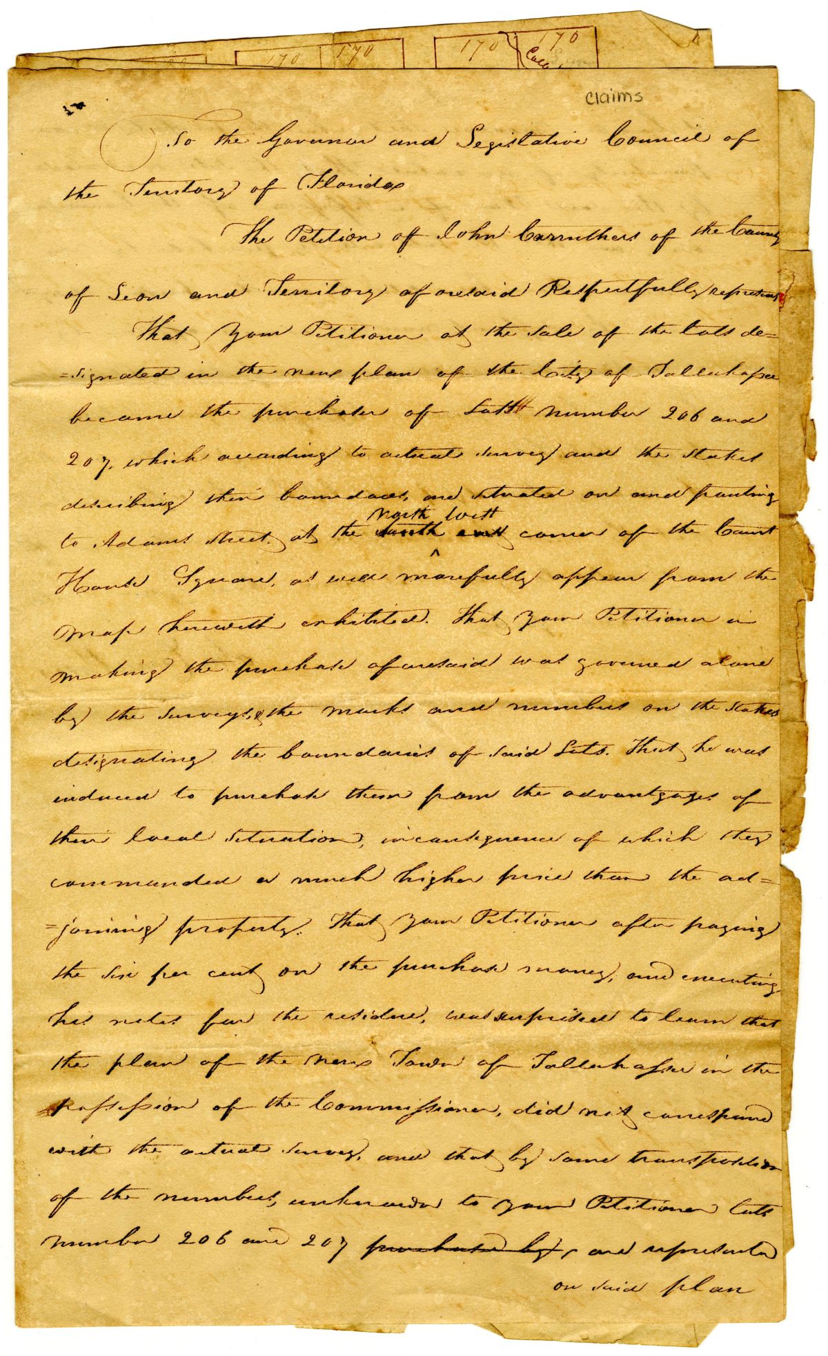 Petition of John Carruthers Requesting that a Contract for the Purchase of Town Lots Be Rescinded, circa 1832