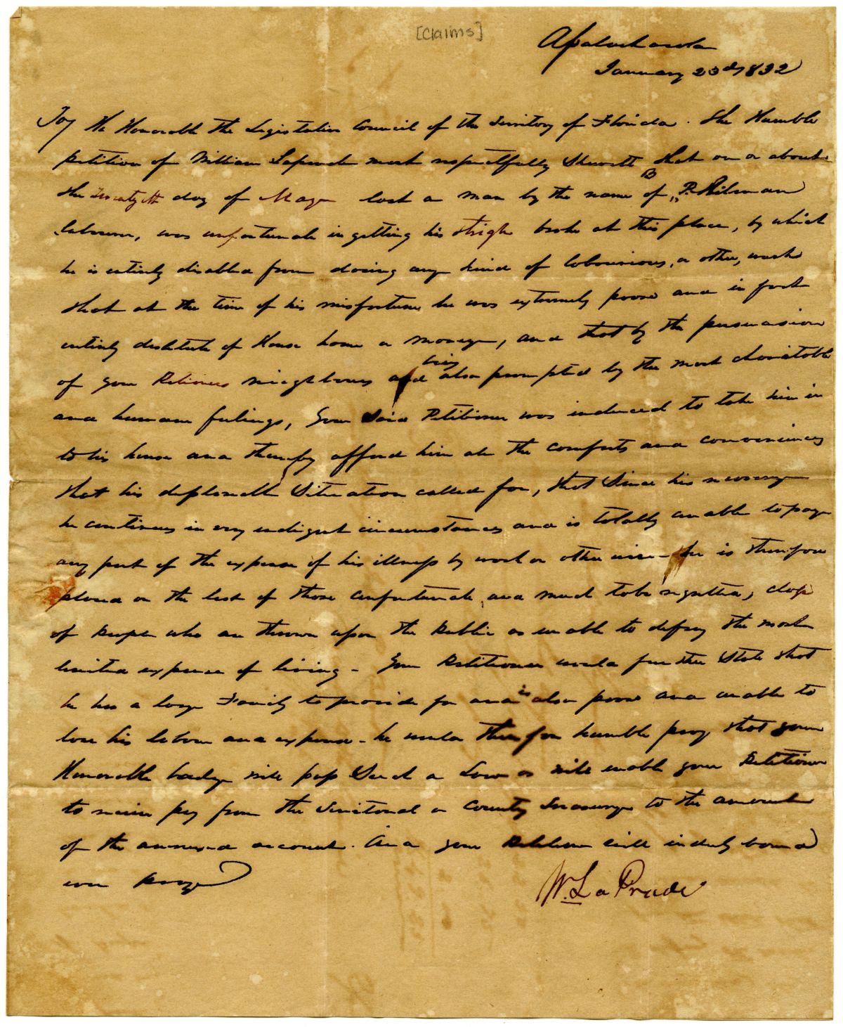 Petition of William LaPrade Requesting Relief for Taking Care of an Injured Man, 1832