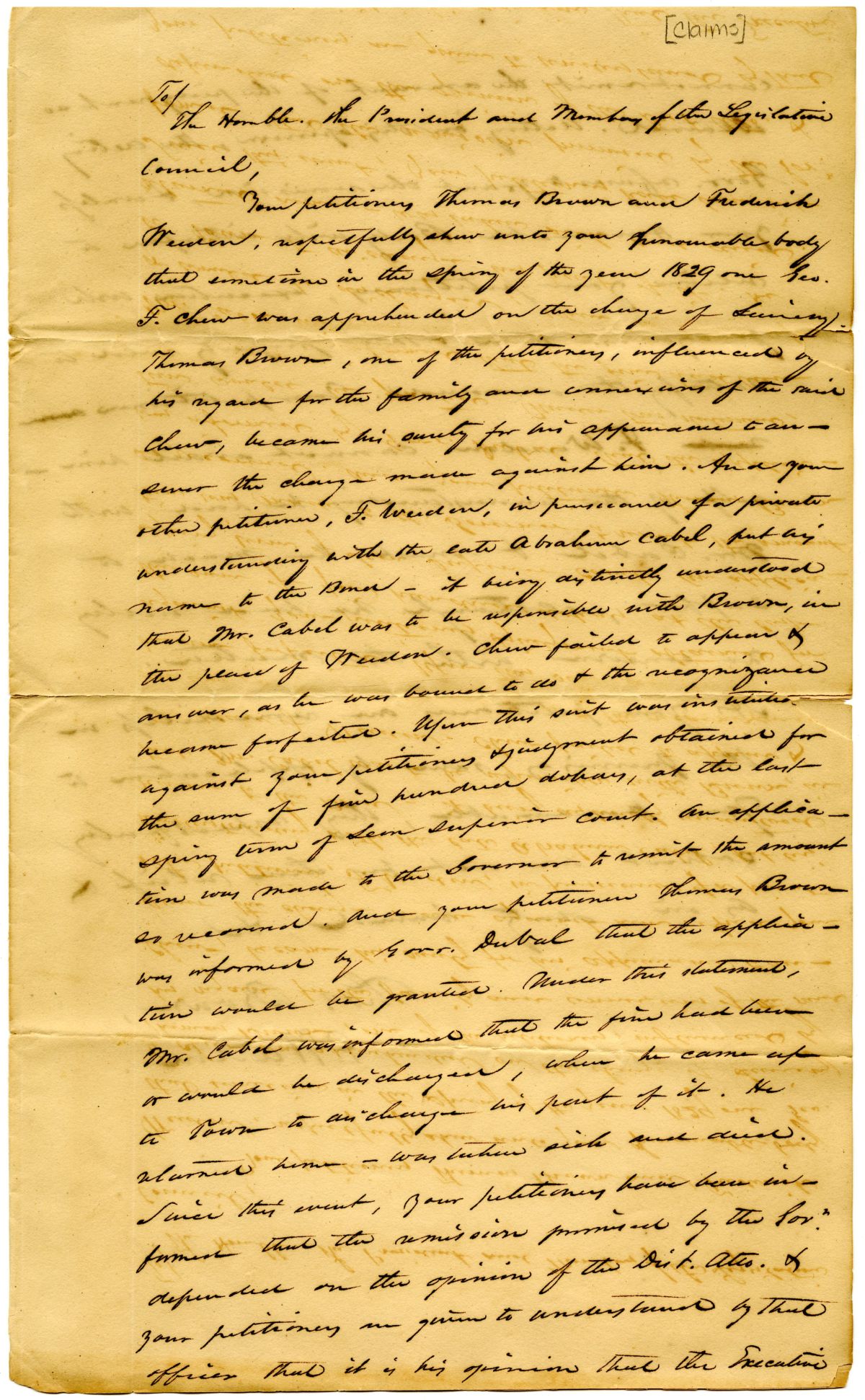 Petition for the Relief of Thomas Brown and Frederick Weedon, 1832