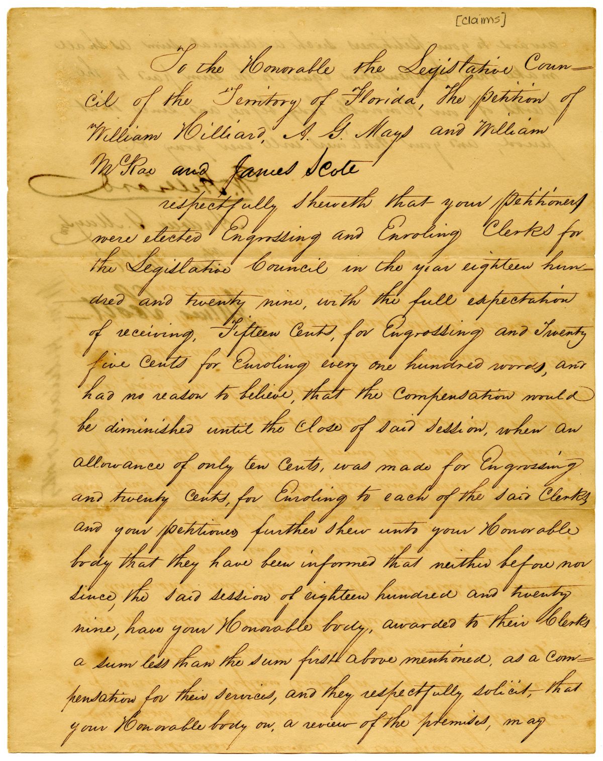 Petition of Engrossing and Enrolling Clerks Requesting Full Compensation for Services Rendered, circa 1832