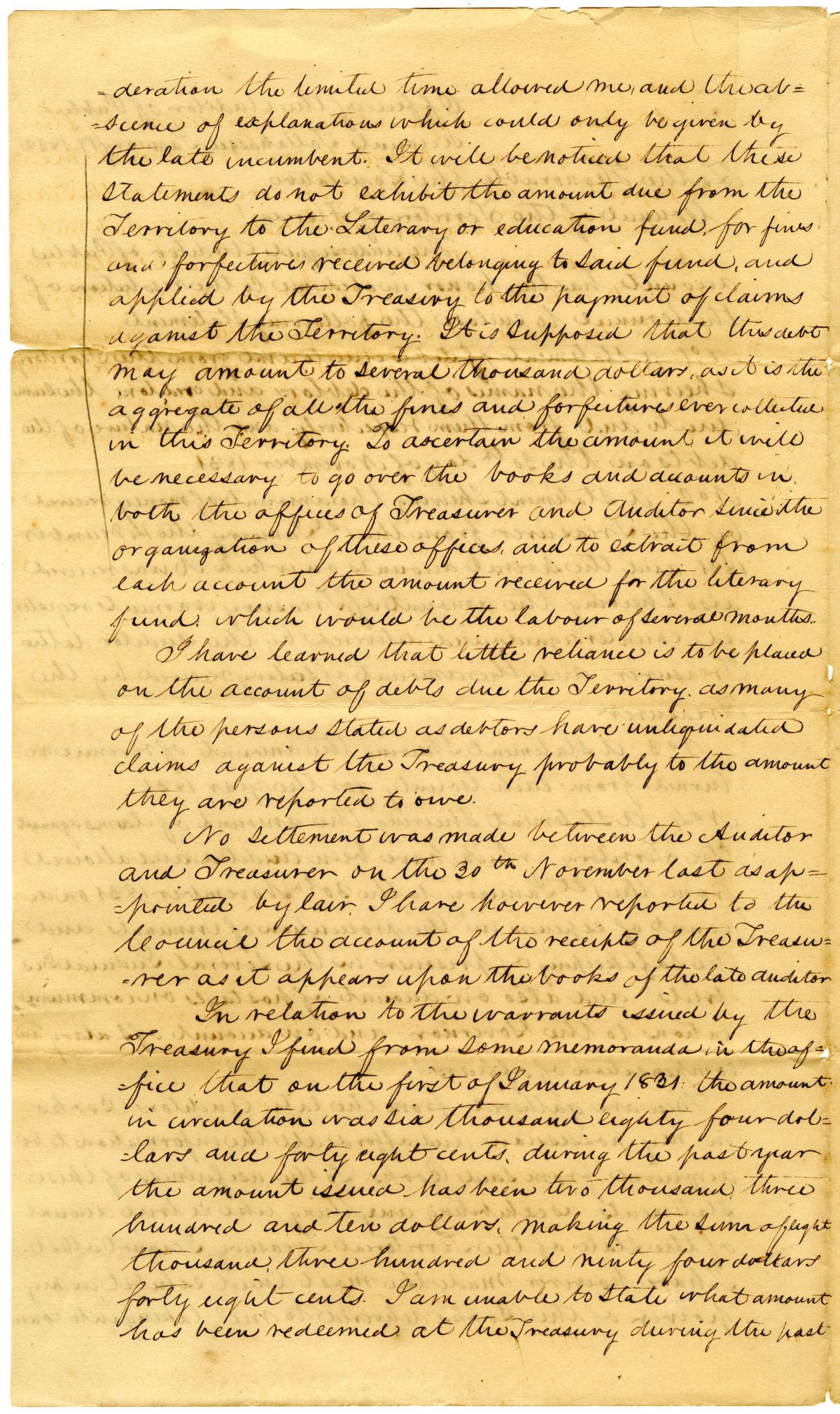 Letter from the Auditor of Public Accounts to the Territorial Legislative Council Transmitting Statements, 1832