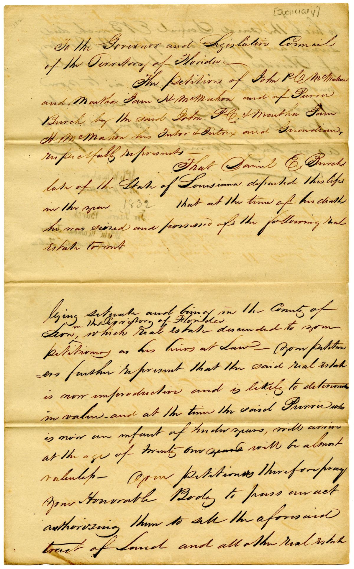 Petition of John and Martha McMahon Requesting to Sell Land on Behalf of a Ward, 1832