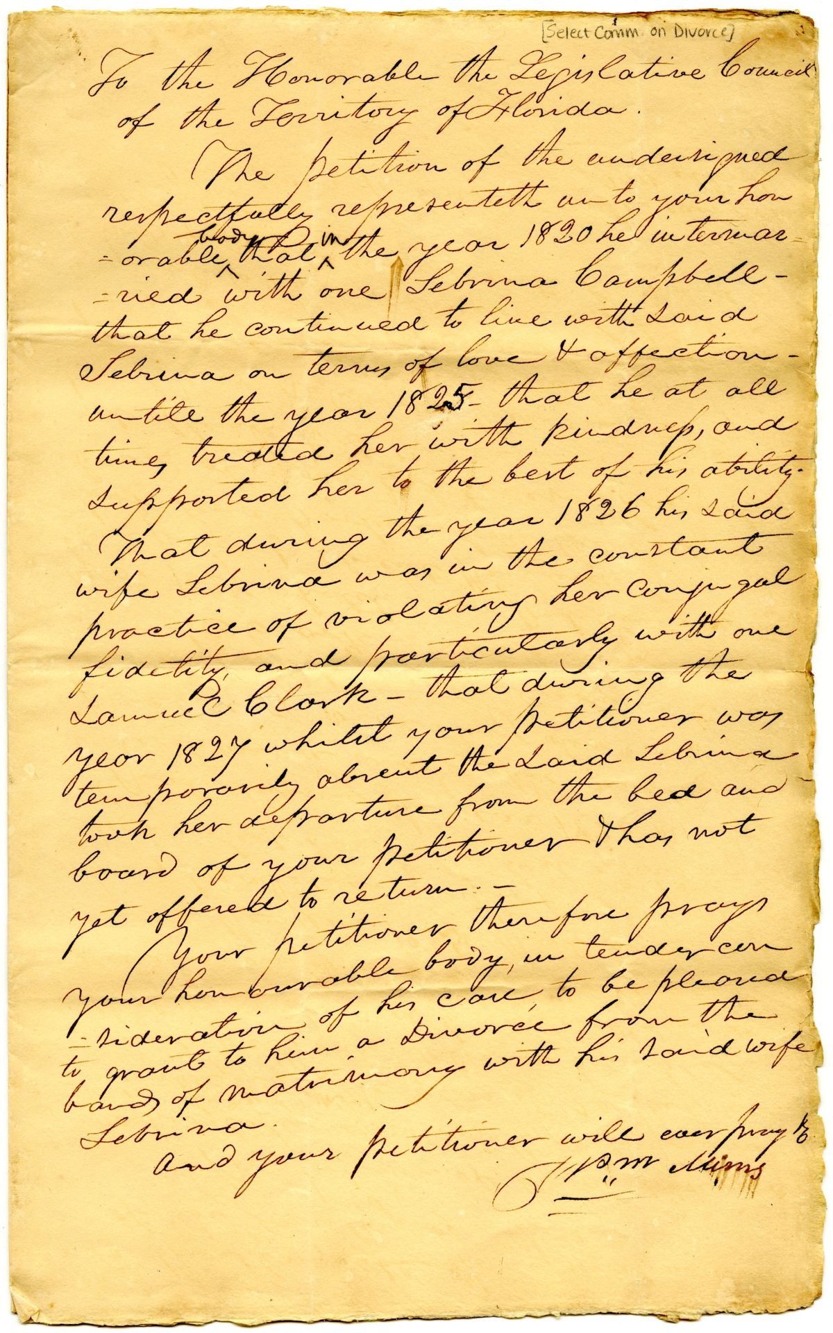 Divorce Petition of William Mimms with Supporting Affidavit, 1831