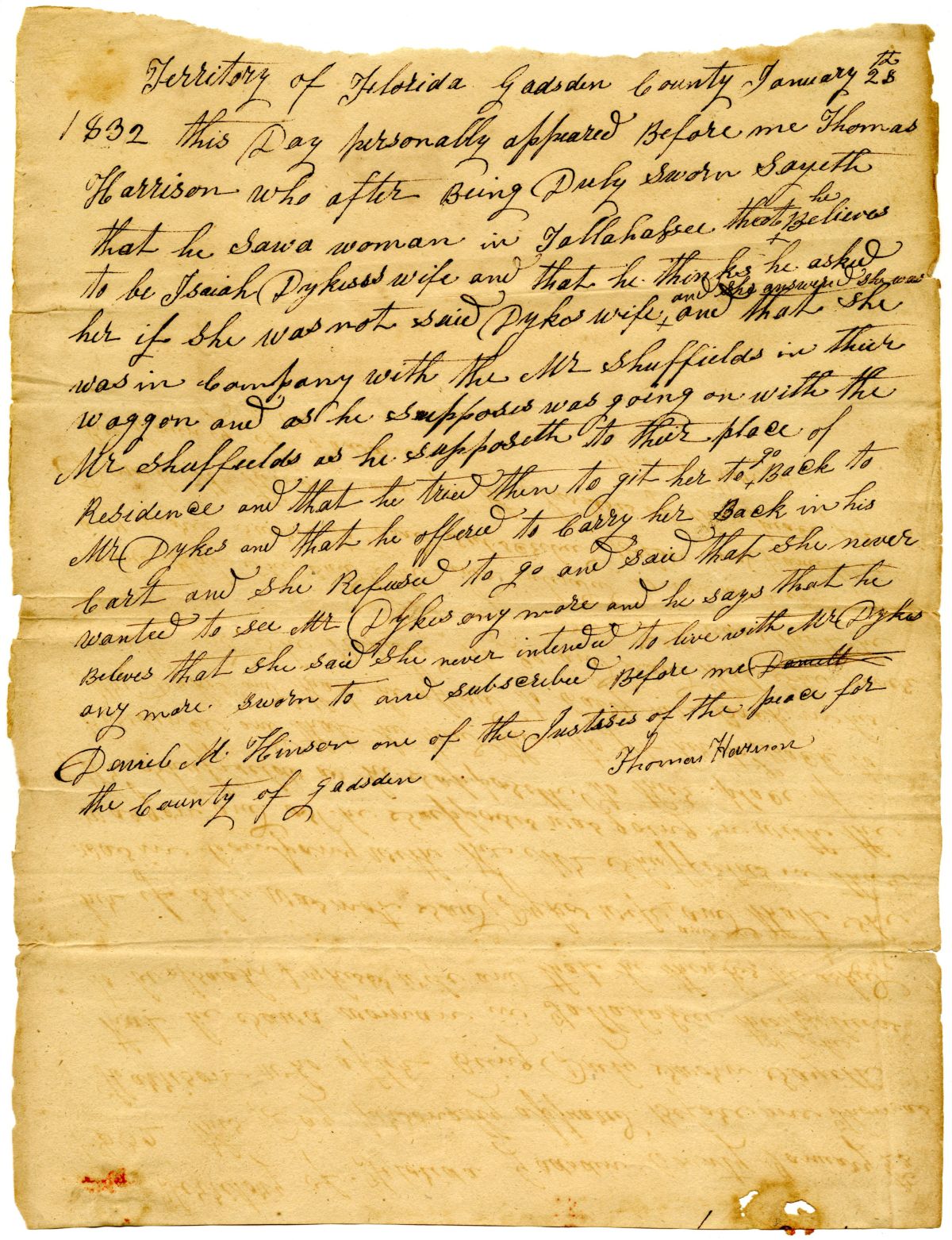 Affidavit of Thomas Harrison Attesting to the Infidelity of Isaiah Dykes's Wife, 1832