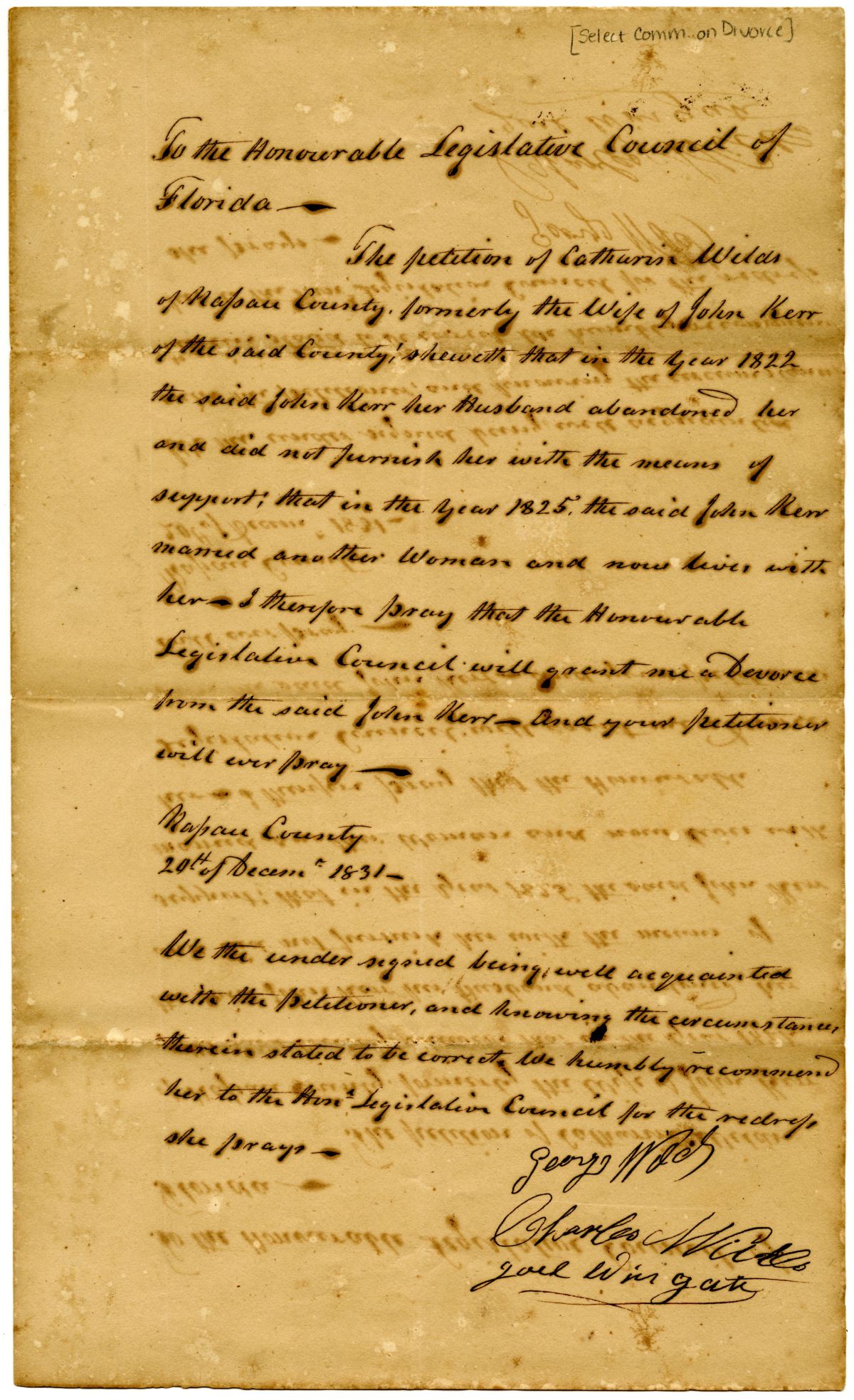 Divorce Petition of Catherine Wilds, 1831