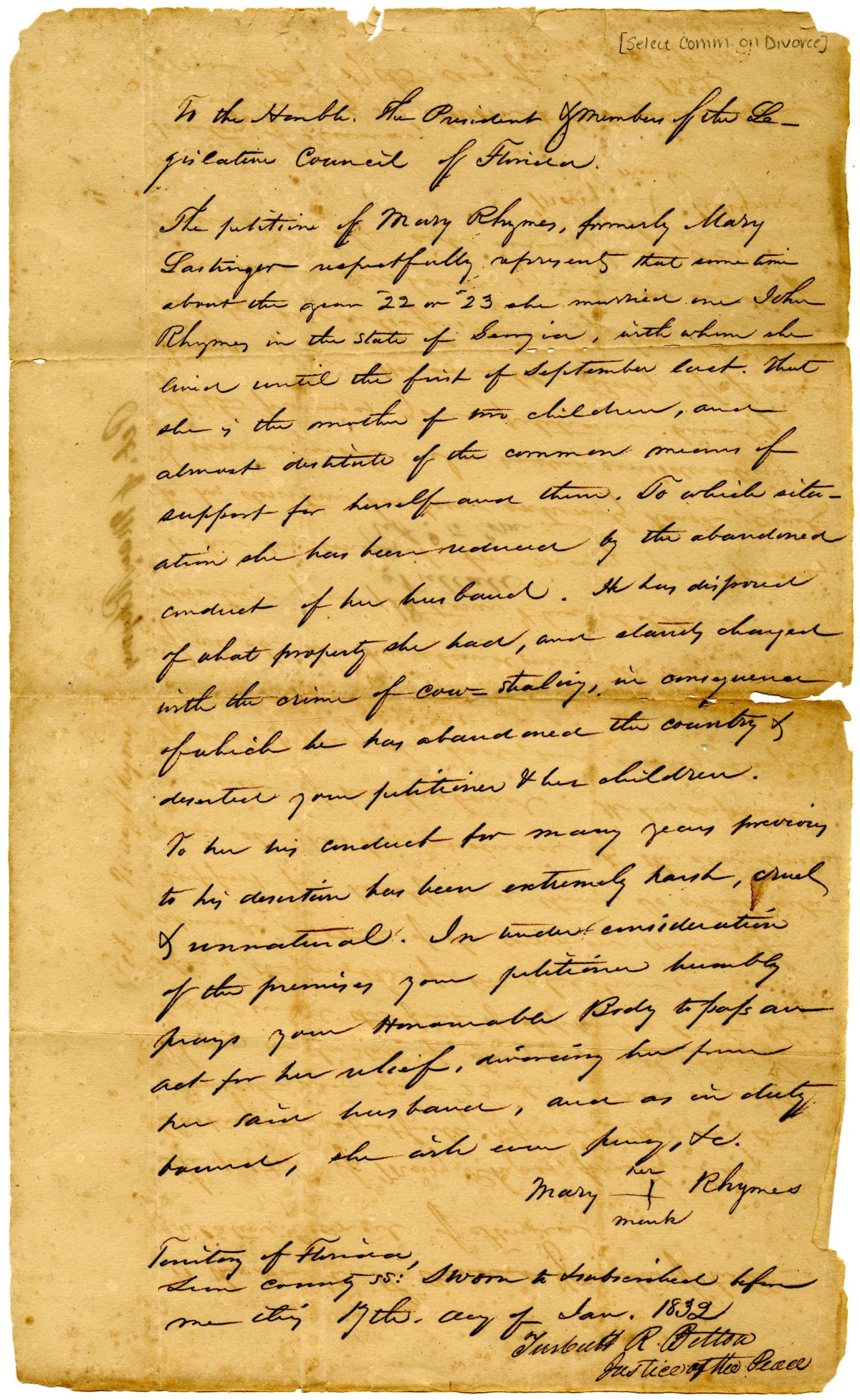 Divorce Petition of Mary Rhymes, 1832