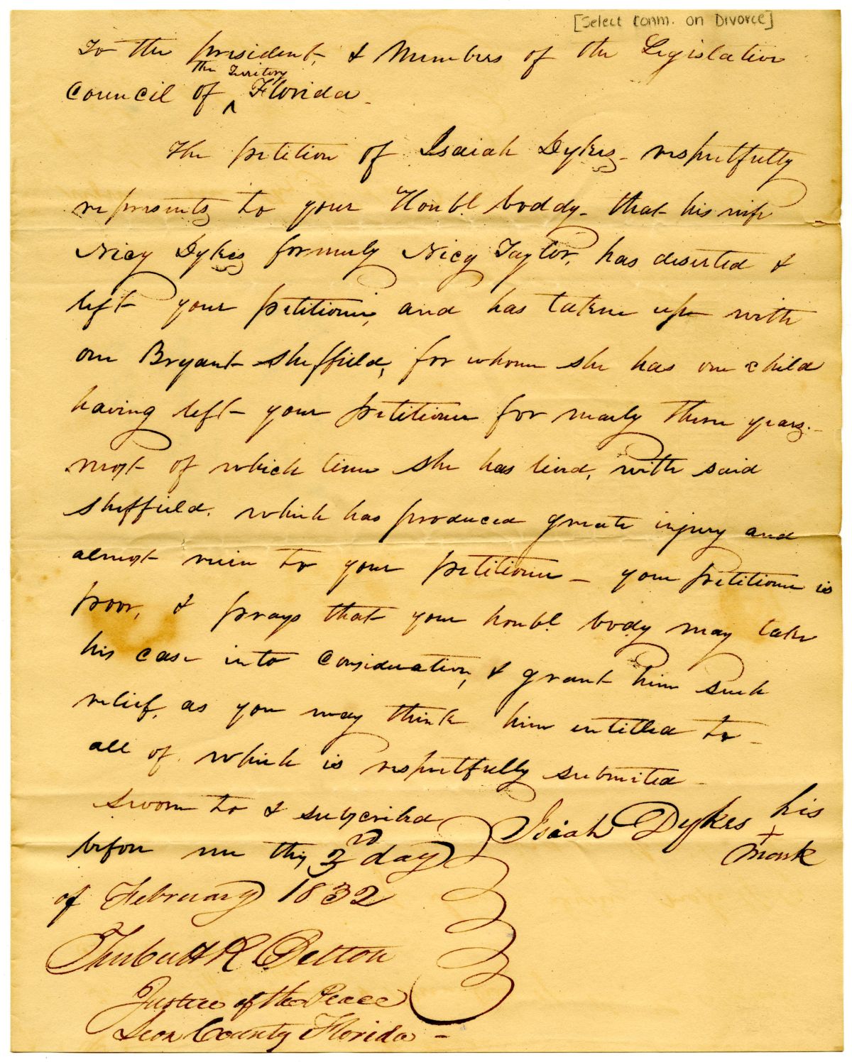 Divorce Petition of Isaiah Dykes, 1832